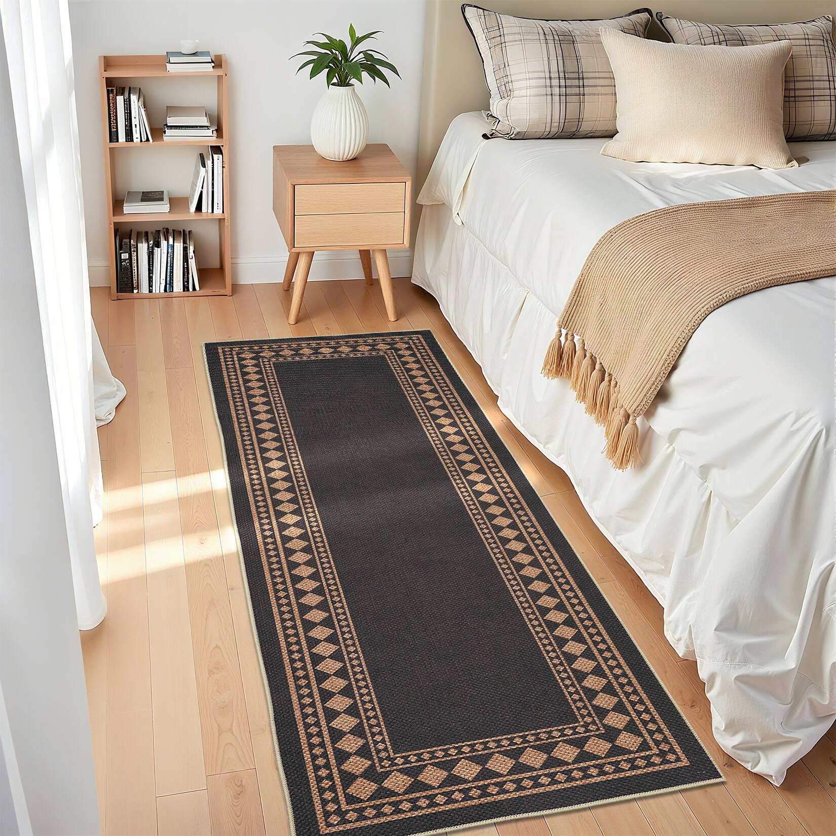 Back. Jojoka - Modern Geometric Border Area Rug Minimalist Machine Washable Non Slip Ultra Thin Low Pile Carpet for High Traffic Areas - Black Coffee.