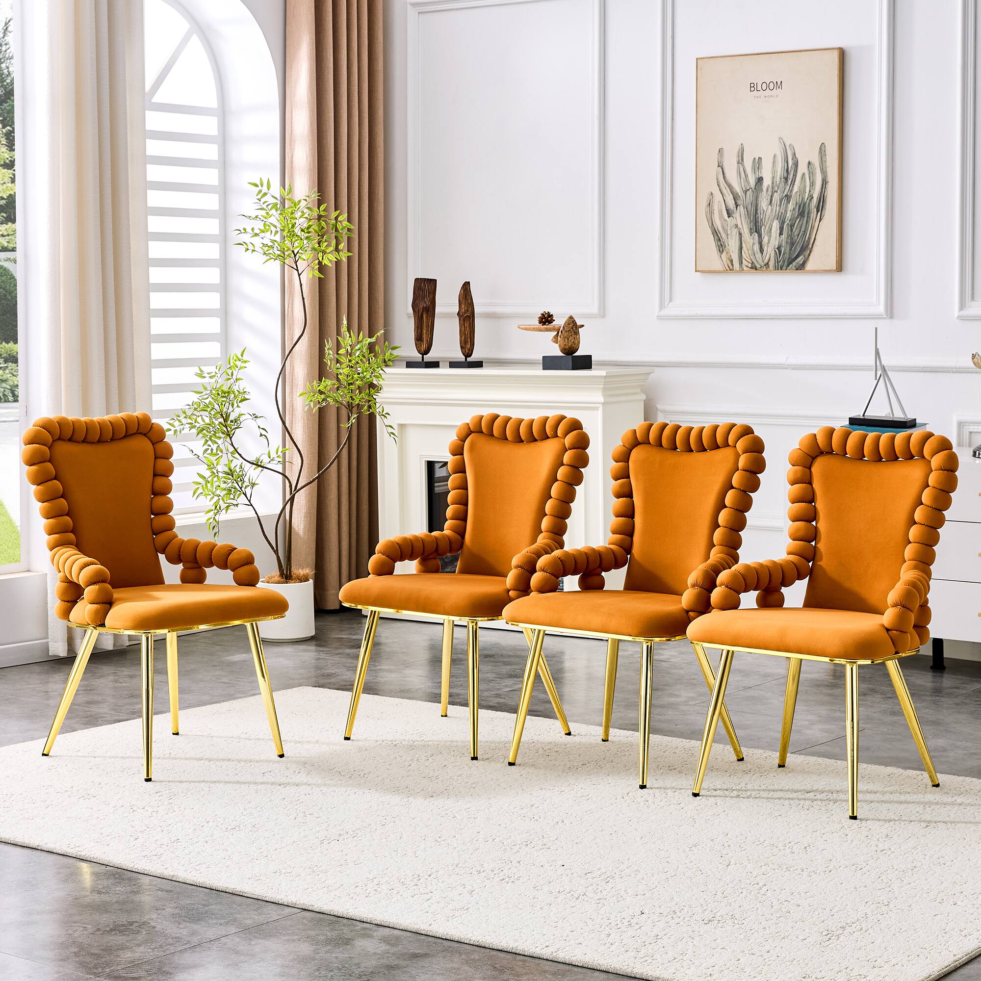 Back. Loheer - Loheer Velvet Dining Chairs Set of 2 Orange Bubble Back Accent Chairs for Dining Room Kitchen, Gold Legs, 1.8 ft - Gold,Orange.
