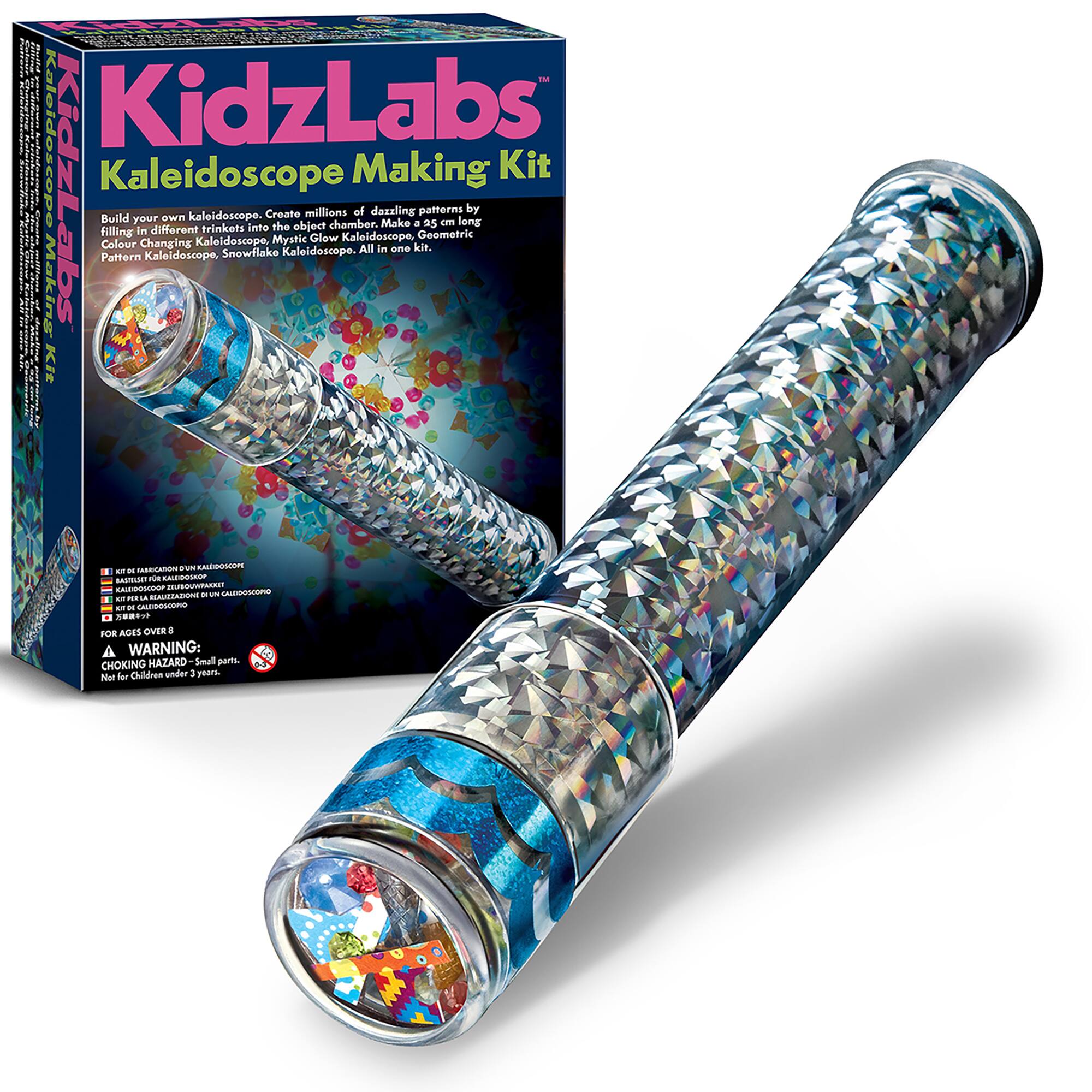 KidzLabs Kaleidoscope Making Kit: Create millions of dazzling patterns with this kit. Build your own kaleidoscope with different chambers filled with various trinkets. Make a long tube that twists into the object chamber. Patterns include Mystic Glow Kaleidoscope, Geometric Colour Changing Kaleidoscope, Snowflake Kaleidoscope, and more. All in one pattern kaleidoscope. Warning: Small parts. Not for children under 3 years.