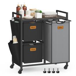 Songmics Home - Laundry Hamper with 3 Compartments, 100 L Laundry Sorter, Rolling Laundry Cart with Shelves, Removable Liners, 6 Labels - Ink Black and Dove Gray