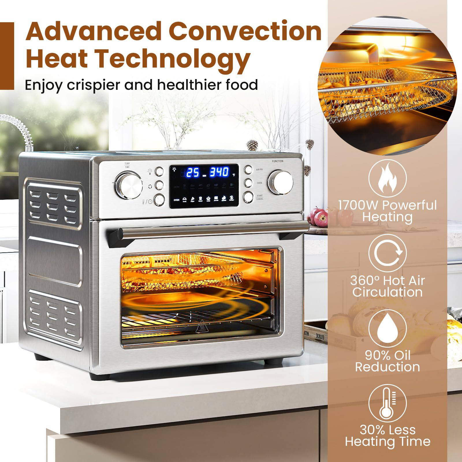 Advanced Convection Heat Technology  
Enjoy crispier and healthier food  

1700W Powerful Heating  
360° Hot Air Circulation  
90% Oil Reduction  
30% Less Heating Time