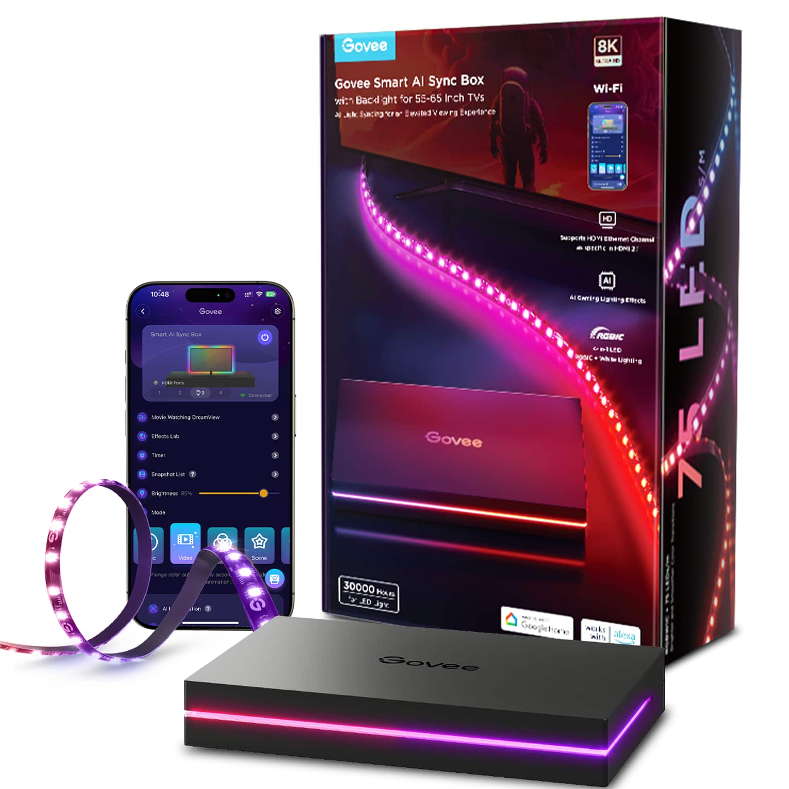 Govee - AI Gaming & TV Sync Box Kit 2 with HDMI 2.1, 4K@144Hz, 4-in-1 RGBWIC Lighting for 55–65 inch TVs - Multi - Front_Zoom