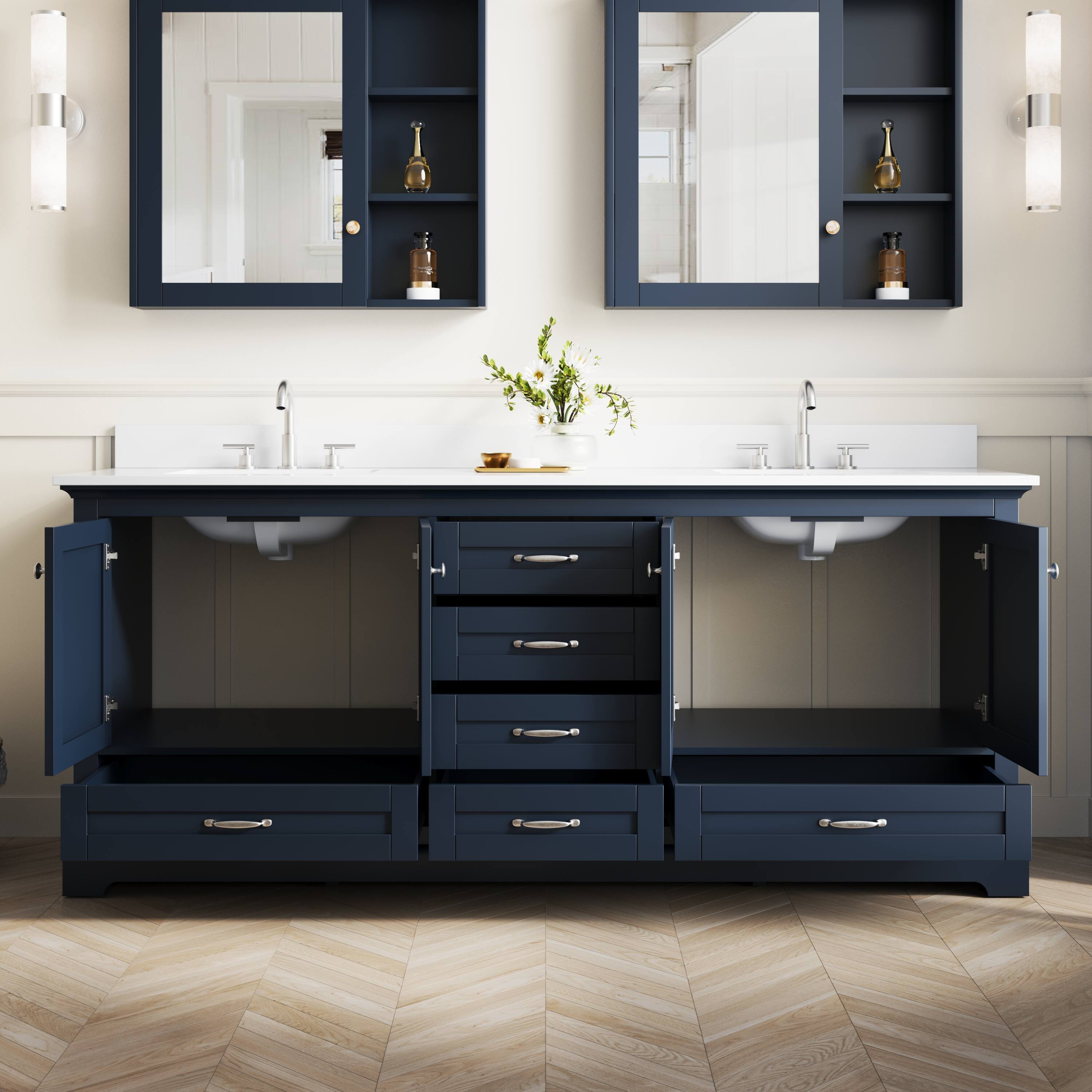 Left. WELLFOR - LVD 80 in. Solid Wood Double Sink Freestanding Bath Vanity with Culutered Marble Top, Assembled - Navy Blue.