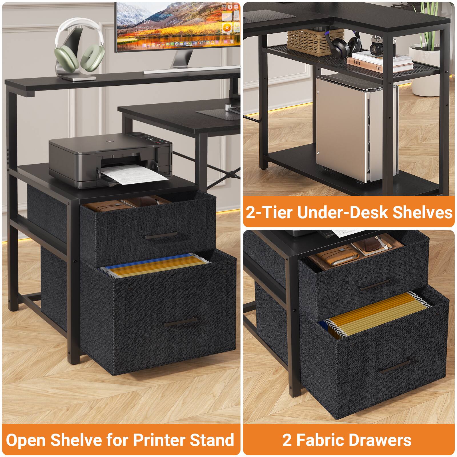 RIN N 2-Tier Under-Desk Shelves Open Shelf for Printer Stand 2 Fabric Drawers