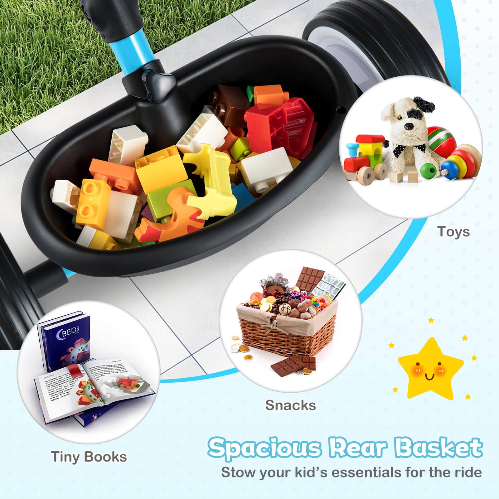Toys  
BEDi Snacks  
Tiny Books  
Spacious Rear Basket  
Stow your kid's essentials for the ride