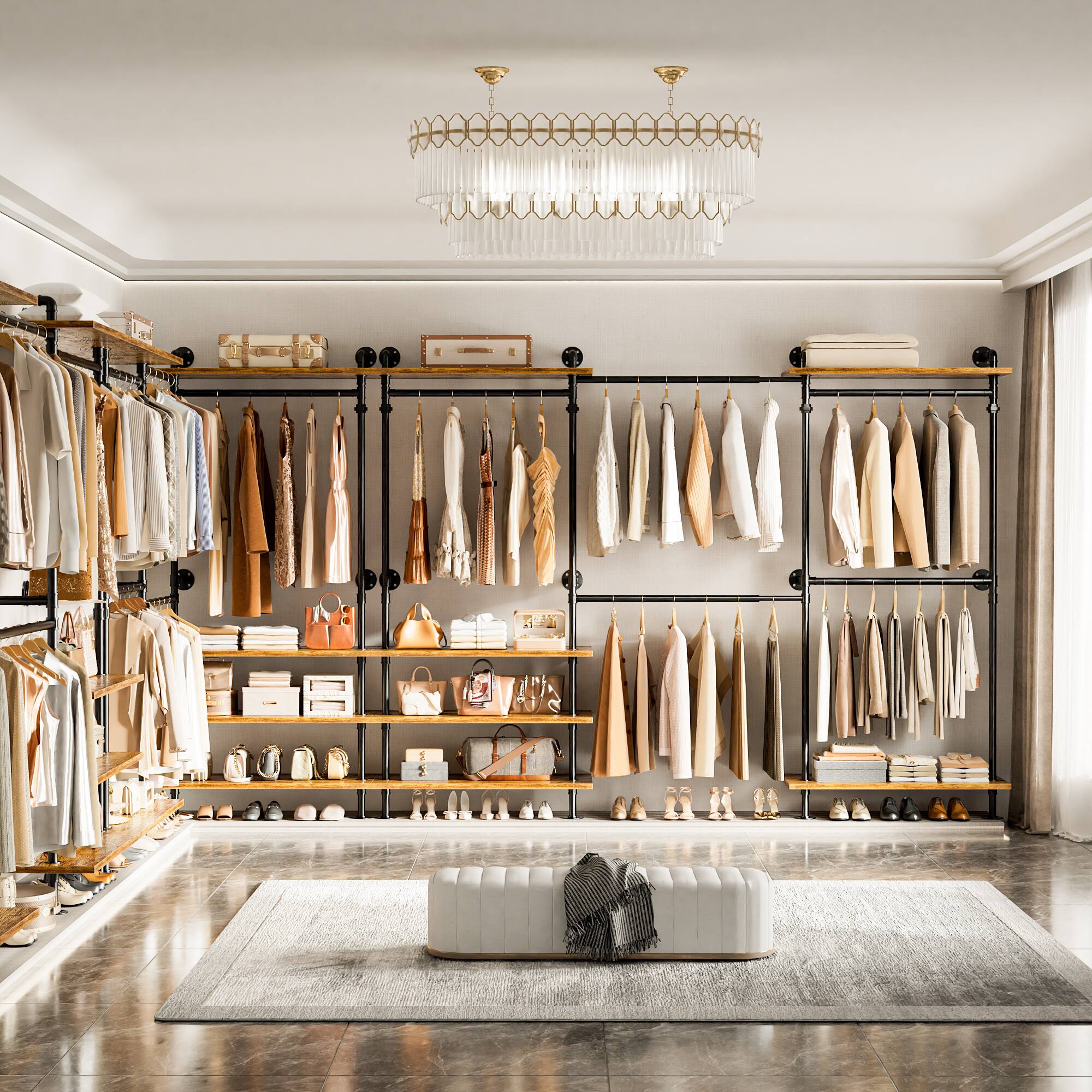 Alt View 3. Aheaplus - Wall-Mounted Pipe Clothing Rack with Shelves, Width Adjustable Garment Rack, L-Shaped/Straight Reversible - Brown.