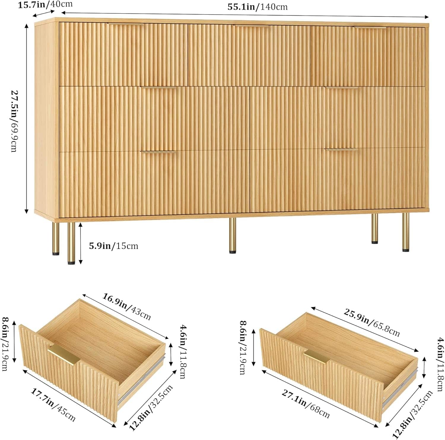 Homhougo - 7-Drawer Fluted Dresser, 55" Wide Modern Double Chest, Hallway Organizer - Oak
