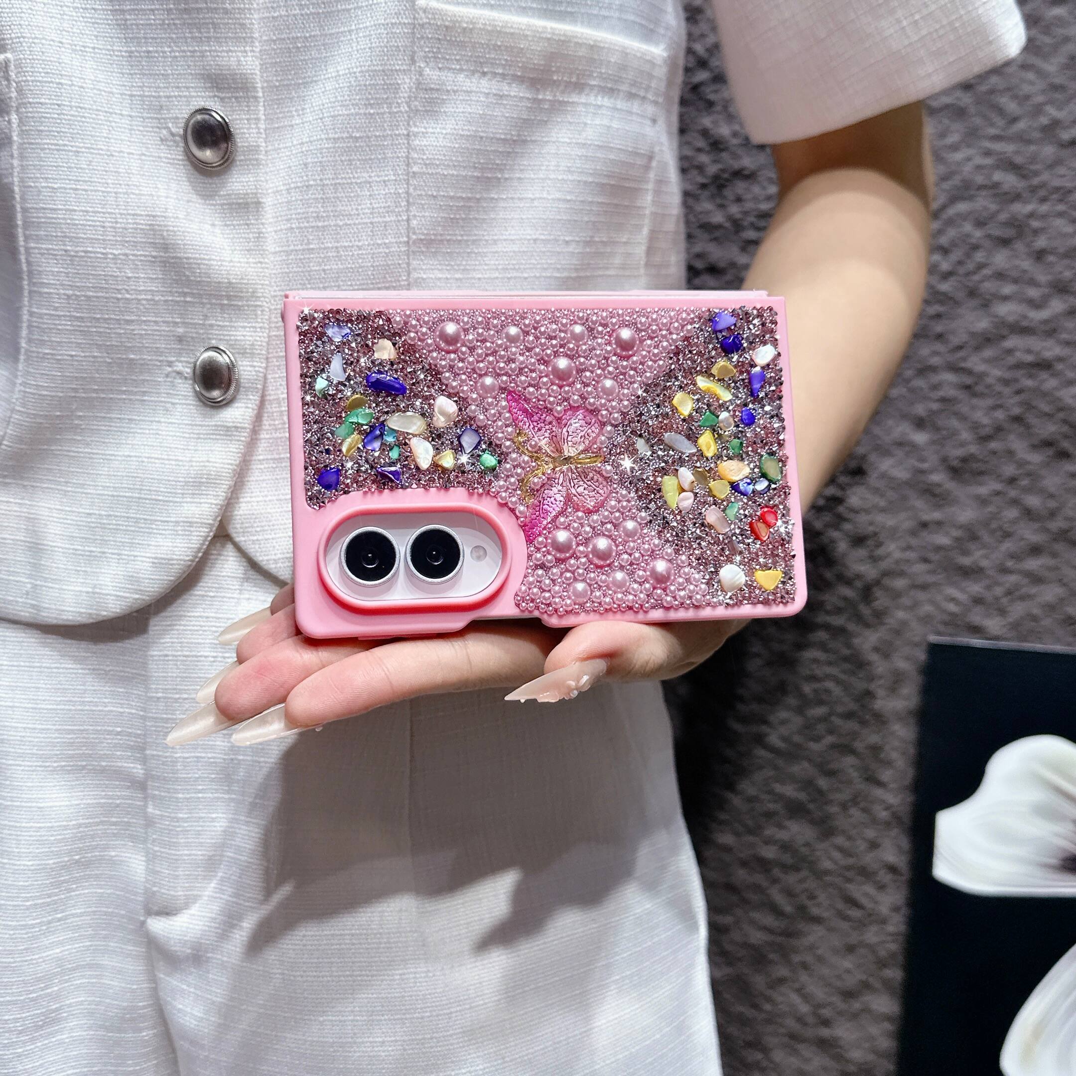 Back. Dteck - Diamond Case for Samsung Galaxy Z Fold 8, Sparkle Glitter Rhinestone Butterfly Phone Cover with Strap - Pink.