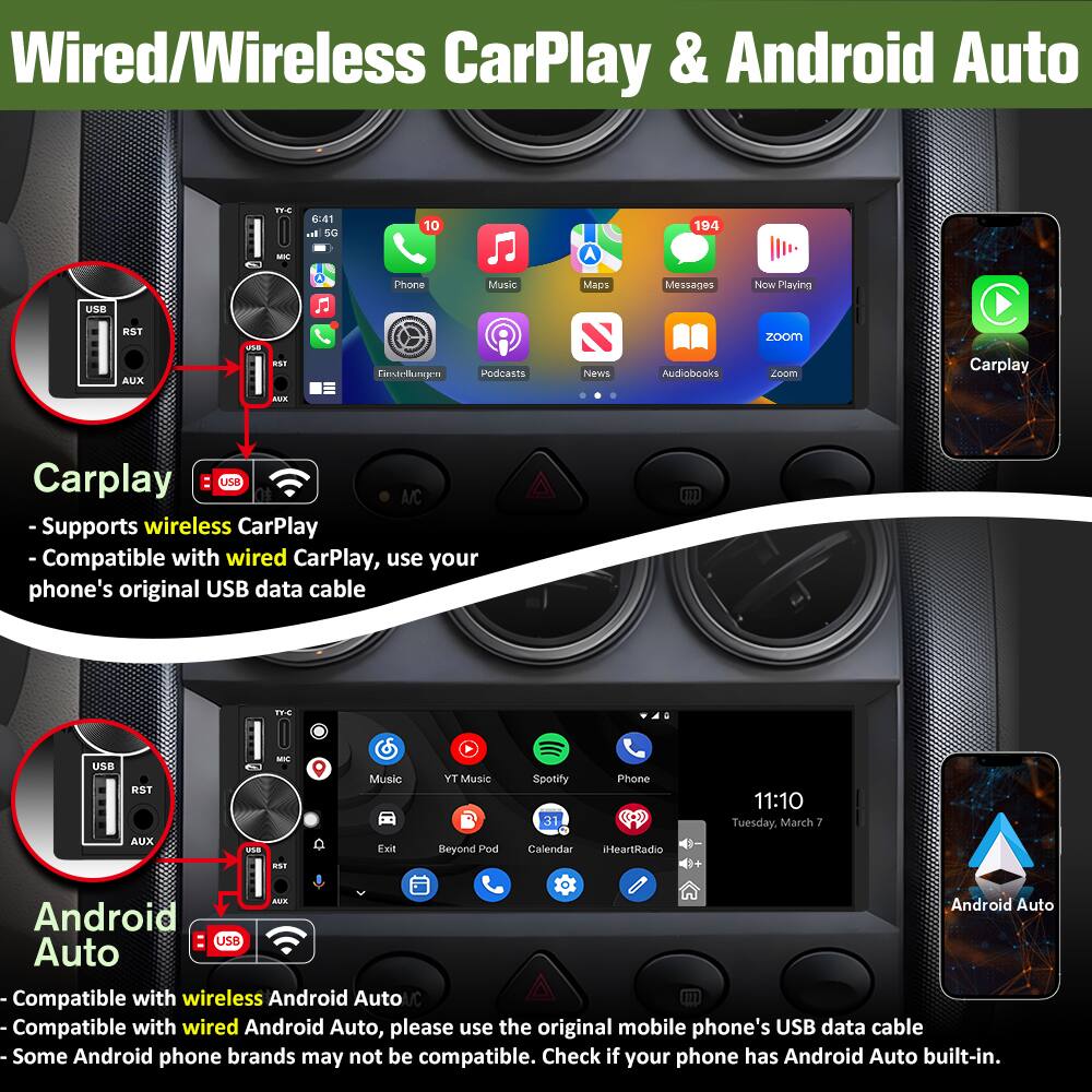 Wired/Wireless CarPlay & Android Auto

**CarPlay**
- Supports wireless CarPlay
- Compatible with wired CarPlay, use your phone's original USB data cable

**Android Auto**
- Compatible with wireless Android Auto
- Compatible with wired Android Auto, please use the original mobile phone's USB data cable
- Some Android phone brands may not be compatible. Check if your phone has Android Auto built-in.
