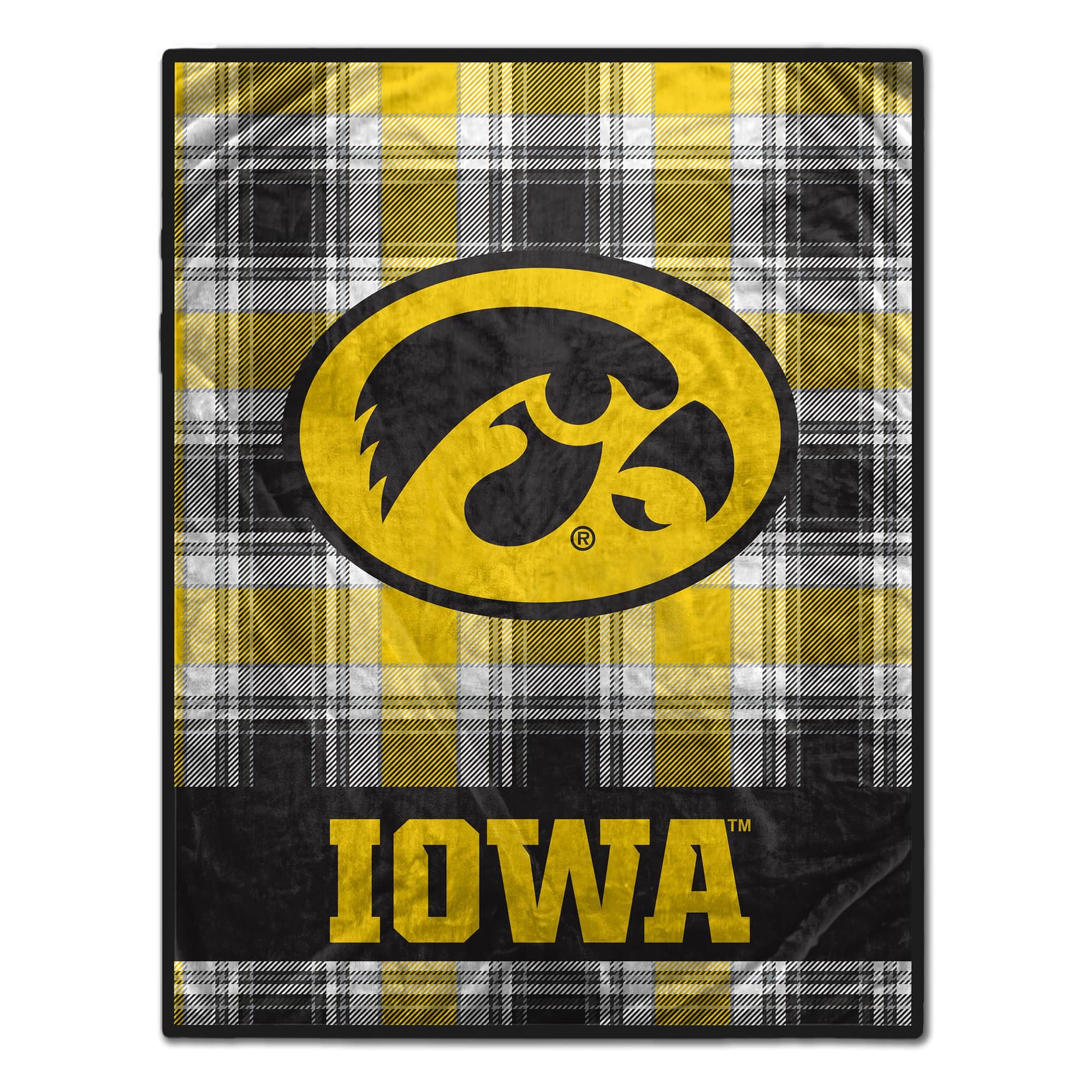 Front. Pegasus - Iowa Hawkeyes 66" x 95" Oversized Plaid FAN-mily Ultra Cozy Blanket - Multicolor.
