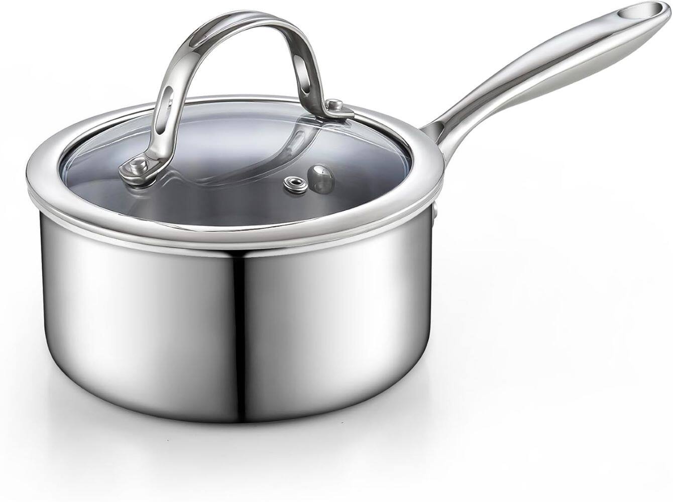 Front. Cooks Standard - Multi Ply Clad 1.5 Qt Stainless Steel Small Kitchen Induction Cooking Sauce Pot Saucepan with Glass Lid - stainless steel.