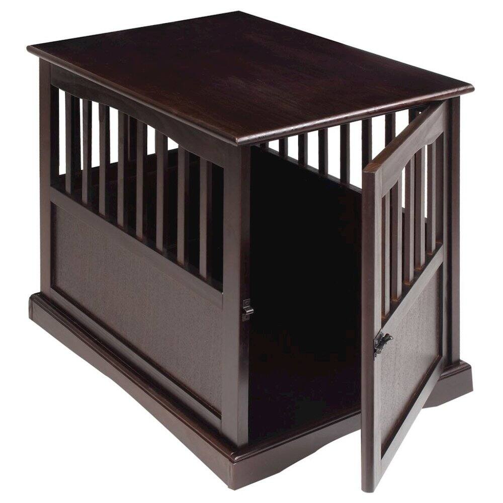 Alt View 1. FurniFact - Brown Dog Kennel Furniture with Gate, Solid Wood Dog Crate End Table - Espresso.