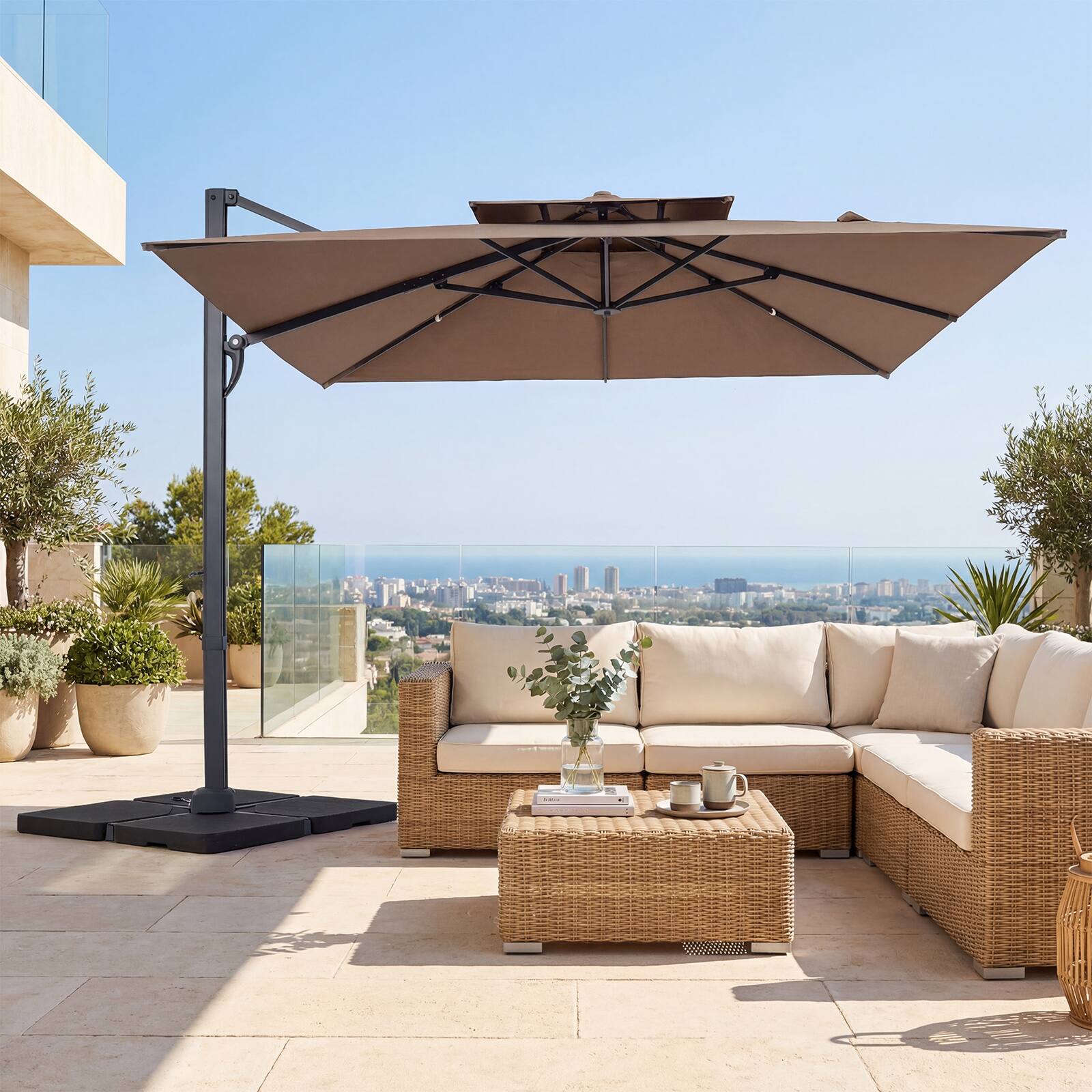 Alt View 4. Gymax - Gymax 10FT Patio Cantilever Umbrella w/360-Degree Rotation 8 Sturdy Ribs Air Vent for Pool Tan - Brown.