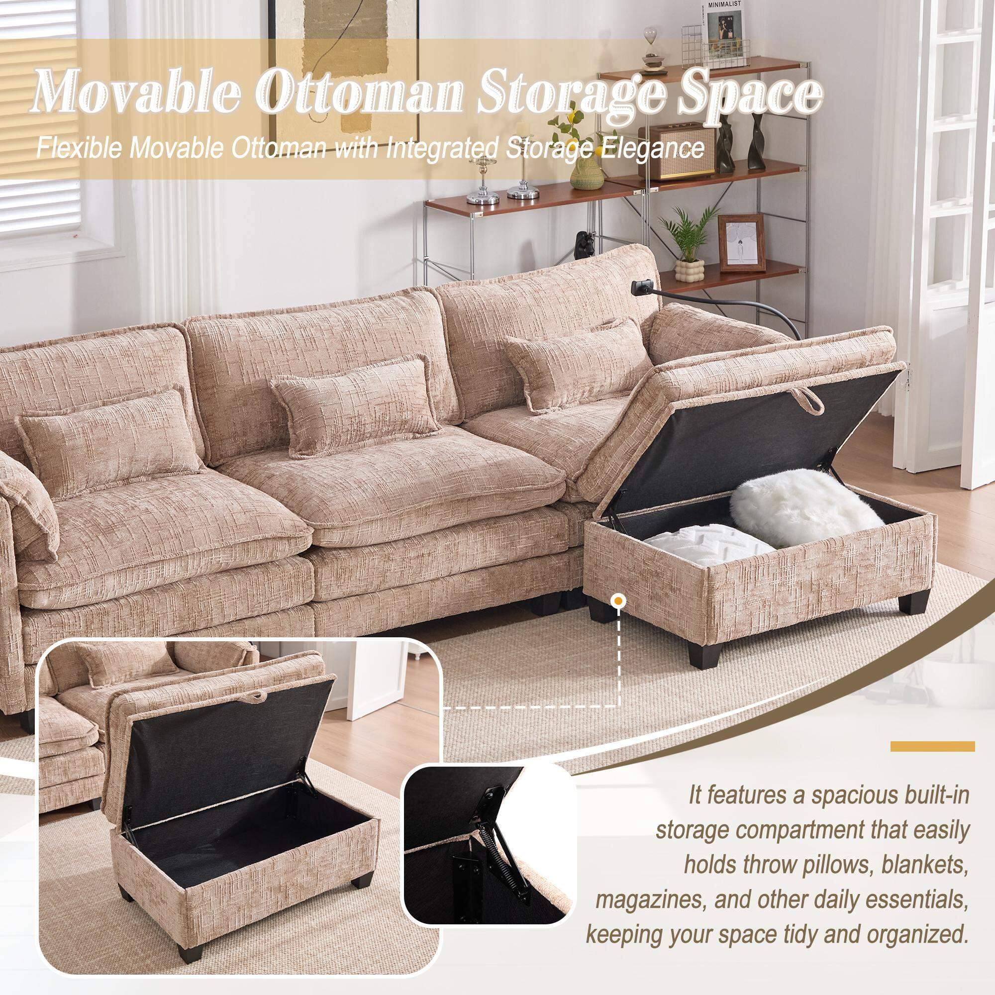 Movable Ottoman Storage Space  
Flexible Movable Ottoman with Integrated Storage Elegance  

It features a spacious built-in storage compartment that easily holds throw pillows, blankets, magazines, and other daily essentials, keeping your space tidy and organized.