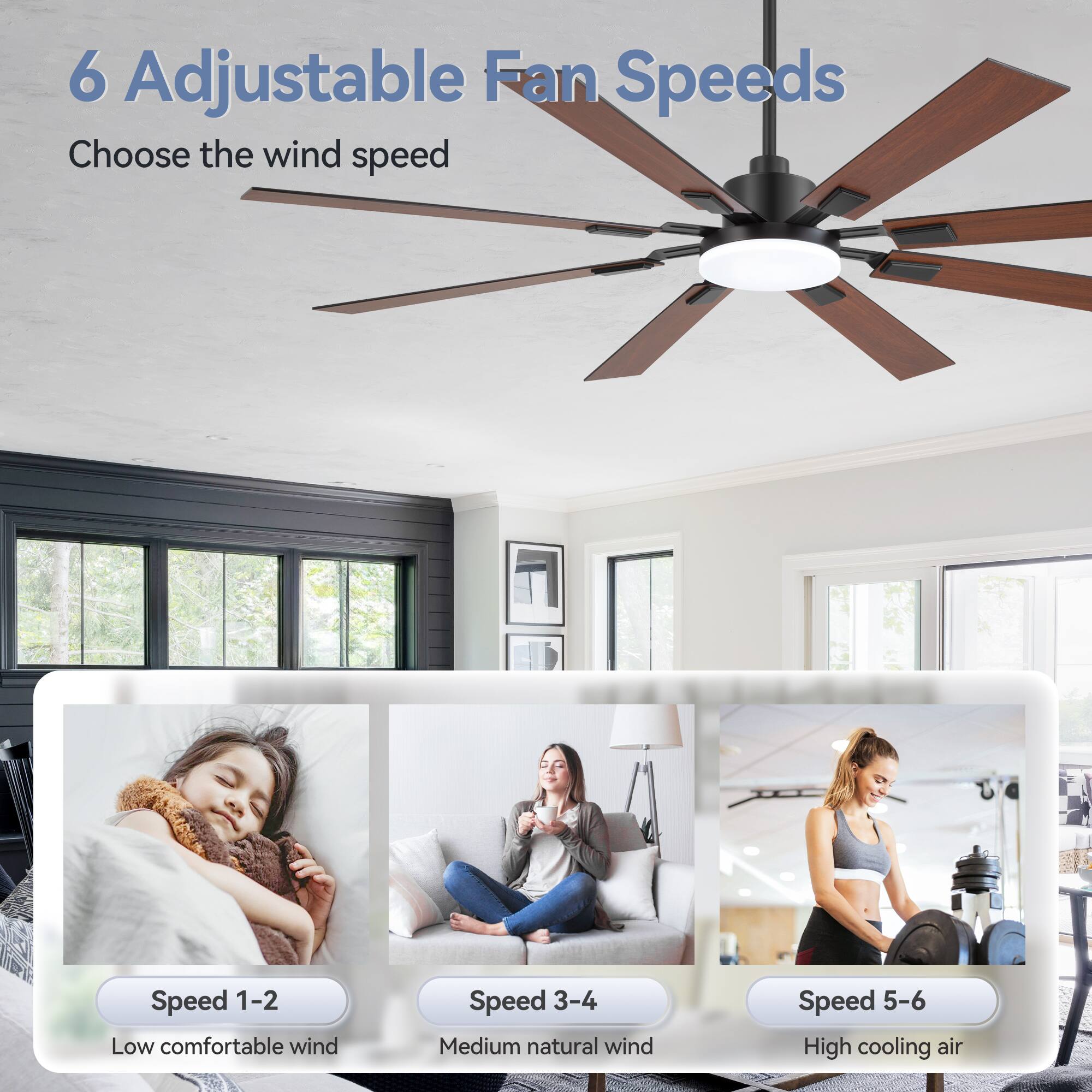 6 Adjustable Fan Speeds

Choose the wind speed

Speed 1-2 Low comfortable wind

Speed 3-4 Medium natural wind

Speed 5-6 High cooling air