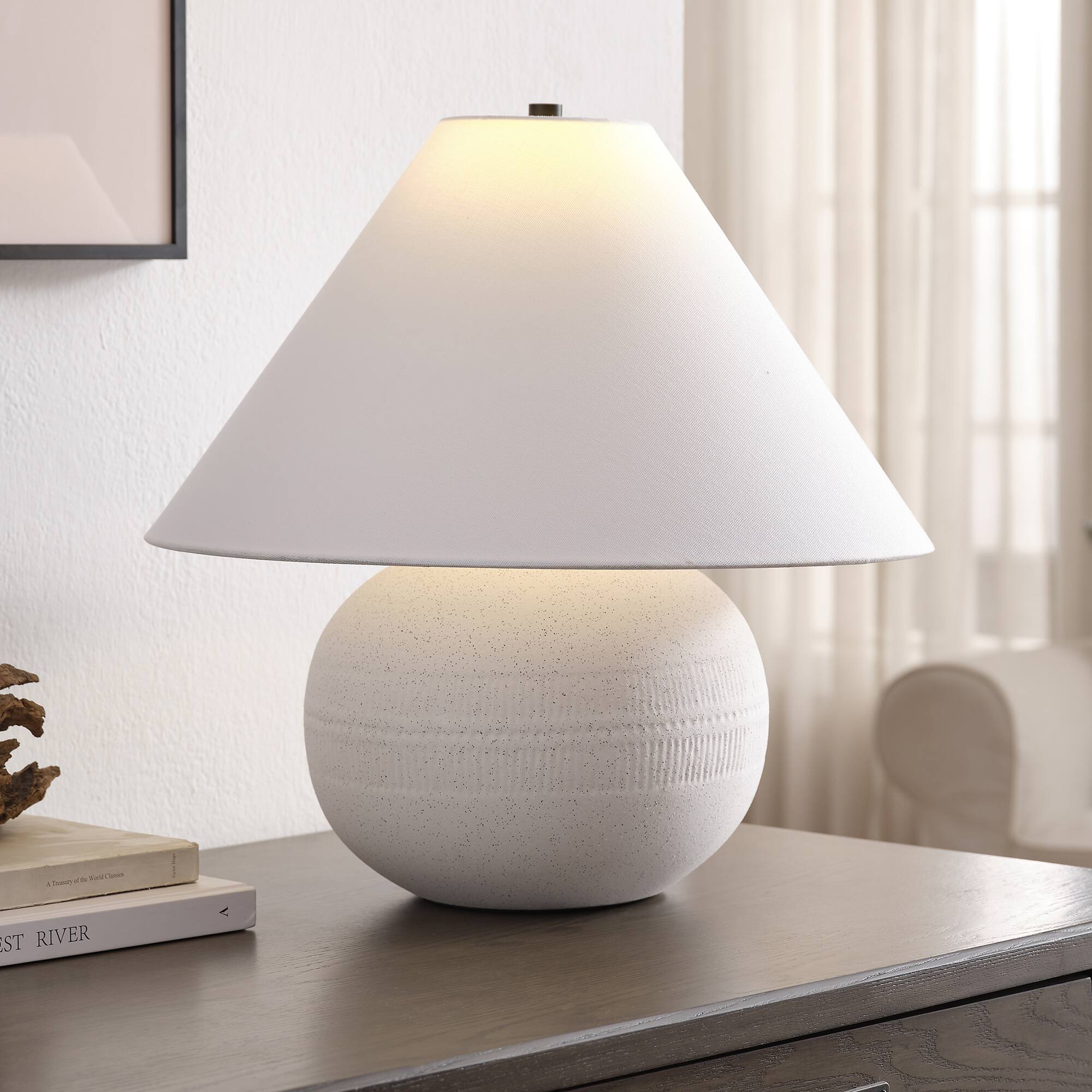 Left. Hudson&Canal - Willa 18" Tall Textured Ceramic Table Lamp with Fabric Shade in Cream/White - Cream.