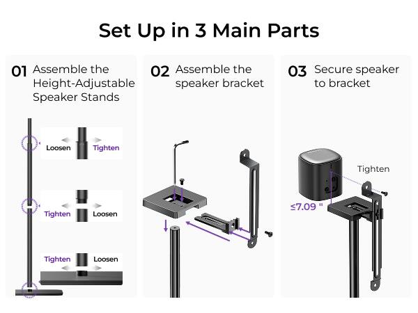 Set Up in 3 Main Parts

01 Assemble the Height-Adjustable Speaker Stands
Loosen
Tighten
Tighten
Loosen

02 Assemble the speaker bracket

03 Secure speaker to bracket
Tighten
Loosen