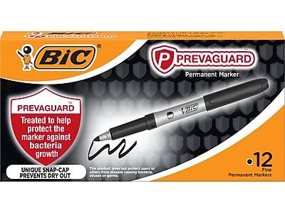 BiC PREVAGUARD Permanent Marker  
Treated to help protect the marker against bacteria growth  
UNIQUE SNAP-CAP PREVENTS DRY OUT  
This product does not protect users or others from disease-causing bacteria, viruses, or germs.  
12 Fine Permanent Markers