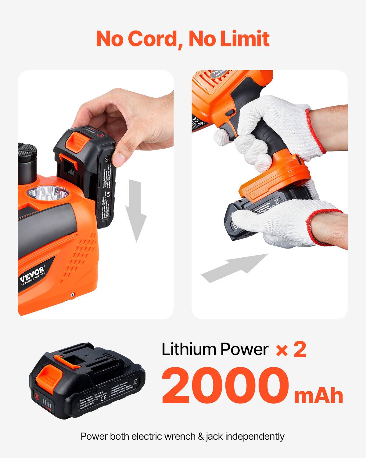 No Cord, No Limit

Lithium Power x 2
2000 mAh

Power both electric wrench & jack independently