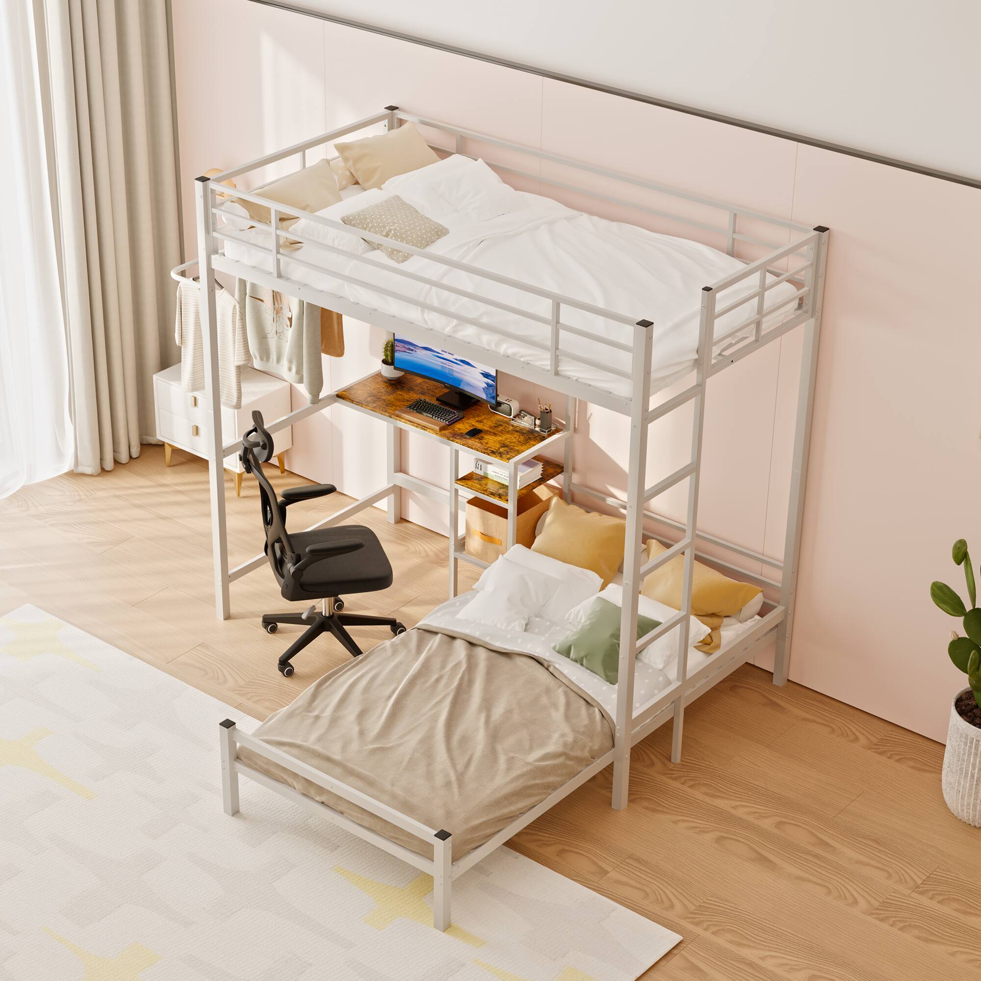 Front. TinyHomie - Bunk Bed Twin Over Twin Size with Desk Station L Shaped Metal Bunk Bed Storage Shelves and Drawers Loft Beds White - White.
