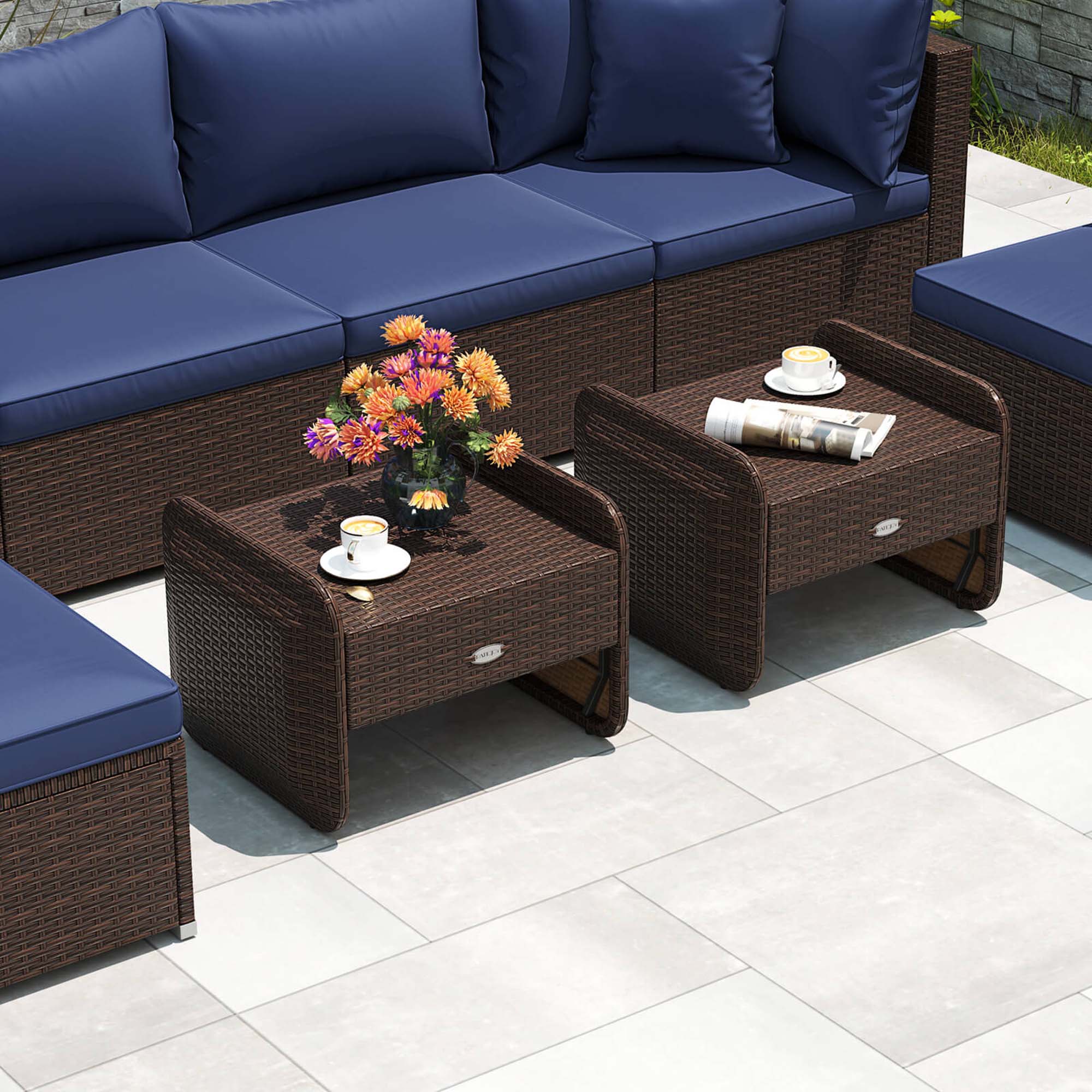 Back. Costway - 2 Pieces Outdoor Patio PE Wicker Ottomans with Removable Cushions Footstools - Mixed Brown + Navy.
