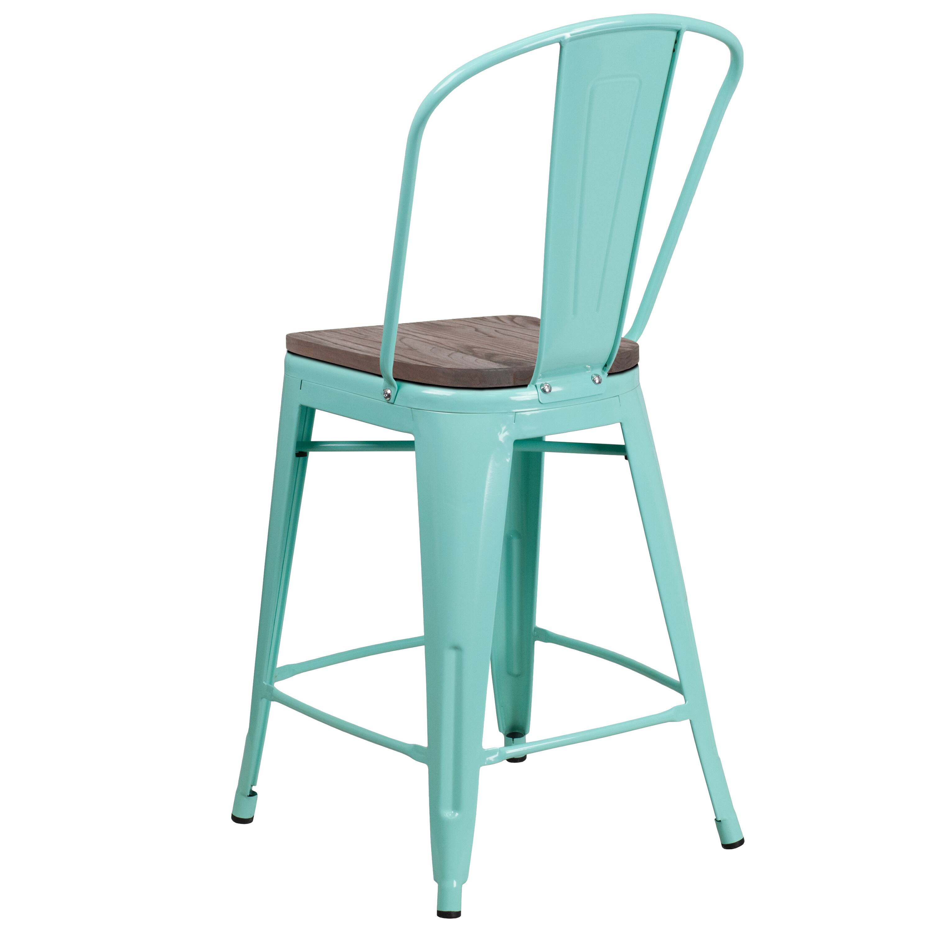 Alt View 3. Emma + Oliver - 24"H Metal Counter Height Stool with Back and Wood Seat - Mint Green.