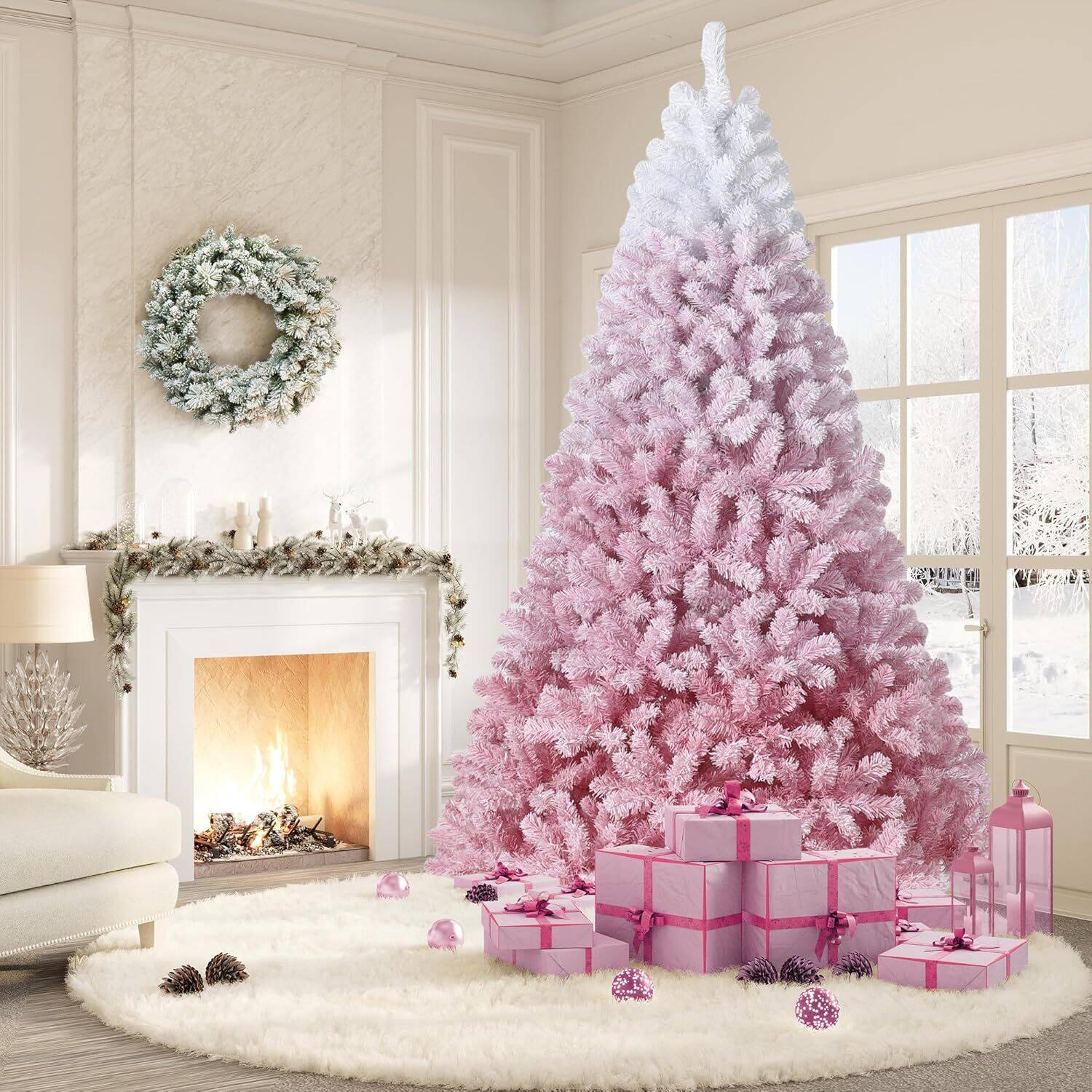 Front. Acekool - Clearance! 6 FT Pink Snow Flocked Christmas Tree, Ombre Gradient, Pre-lit LEDs, Full Branches, Sturdy Metal Base - Pink.