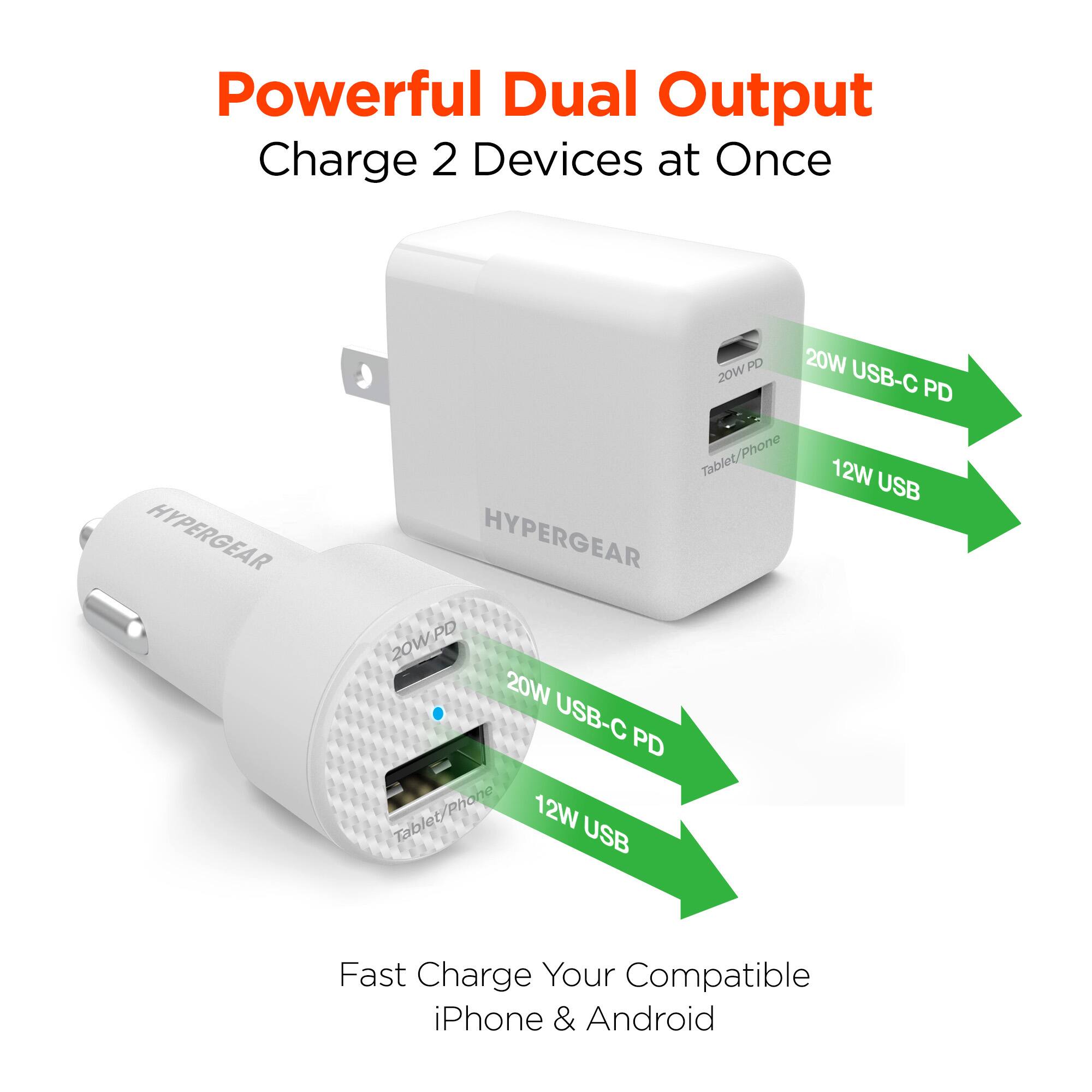Powerful Dual Output  
Charge 2 Devices at Once  

HYPERGEAR 20W PD 20W USB-C PD Tablet/Phone  
12W USB  

Fast Charge Your Compatible iPhone & Android