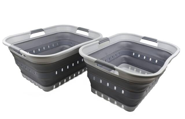 Front. JETRANSPORT - 42l (11 Gallon) Collapsible Plastic Laundry Basket - Foldable Pop Up Storage Container/organizer Portable - Grey/Dark Grey (Set of 2).