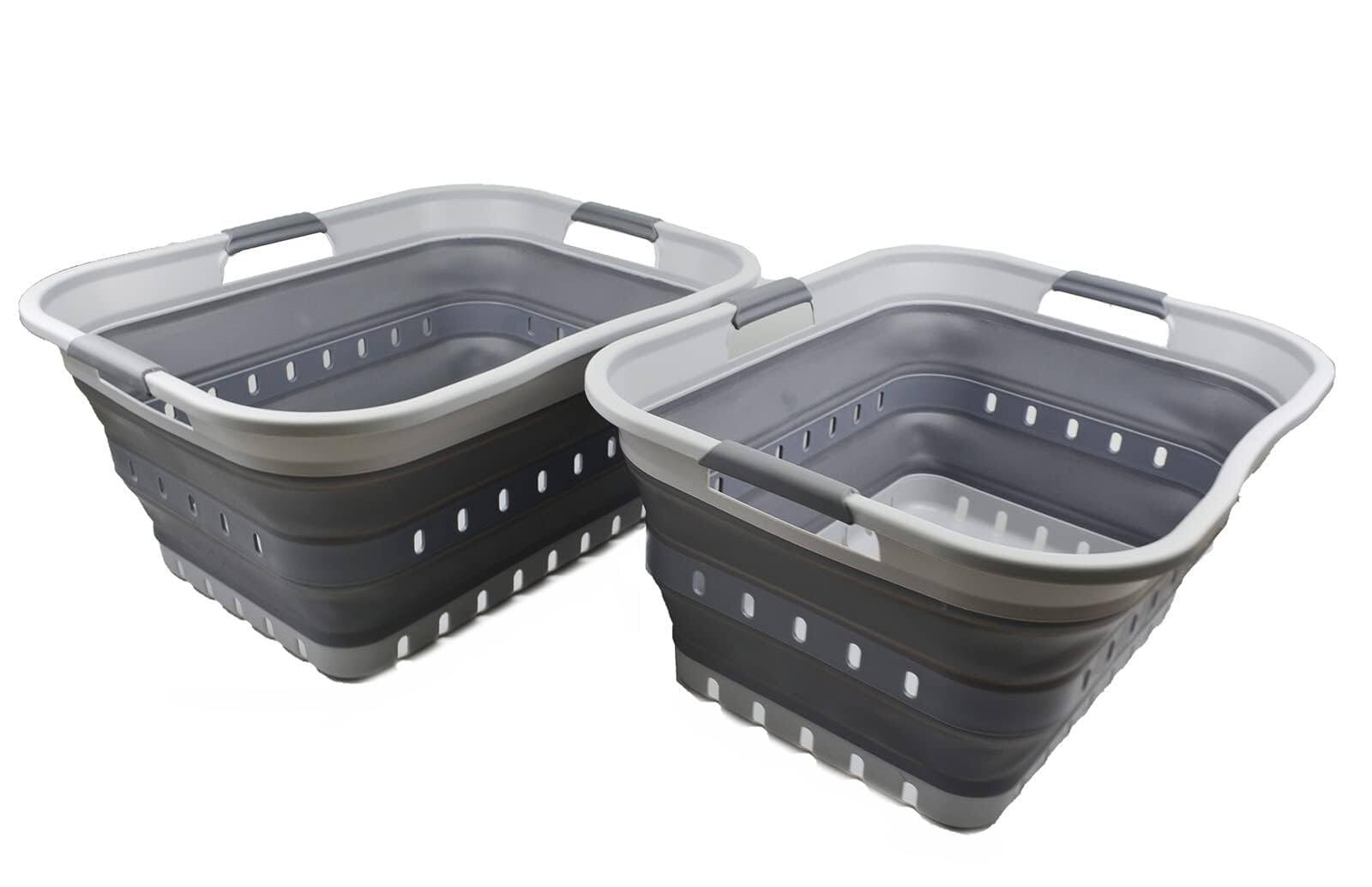 Front. JETRANSPORT - 42l (11 Gallon) Collapsible Plastic Laundry Basket - Foldable Pop Up Storage Container/organizer Portable - Grey/Dark Grey (Set of 2).