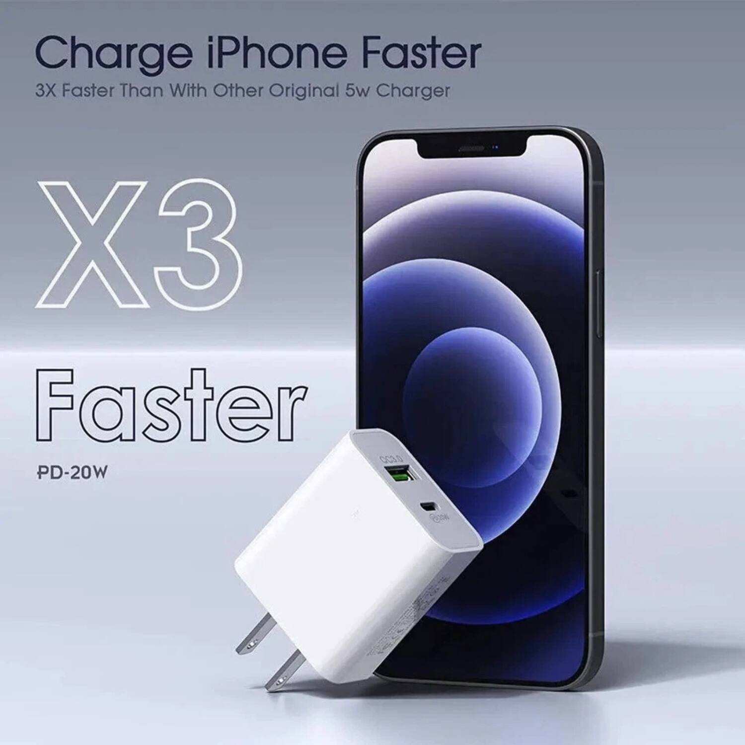 Charge iPhone Faster  
3X Faster Than With Other Original 5w Charger  

X3 Faster  

PD-20W
