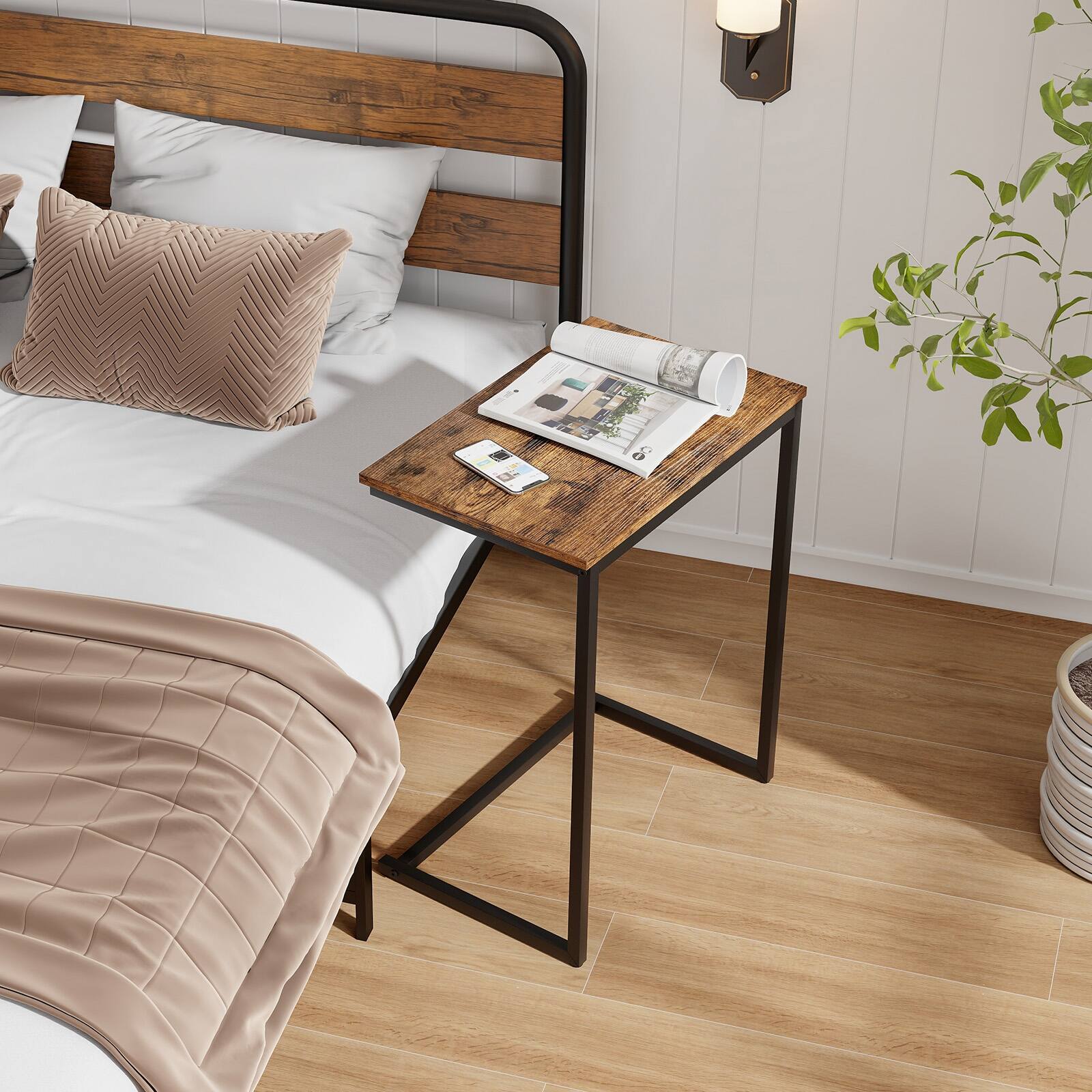 Alt View 8. Ecooso - C-Shaped Industrial End Side Table with Metal Frame, Rolling Beside Table for Couch or Bed - Brown & Black.