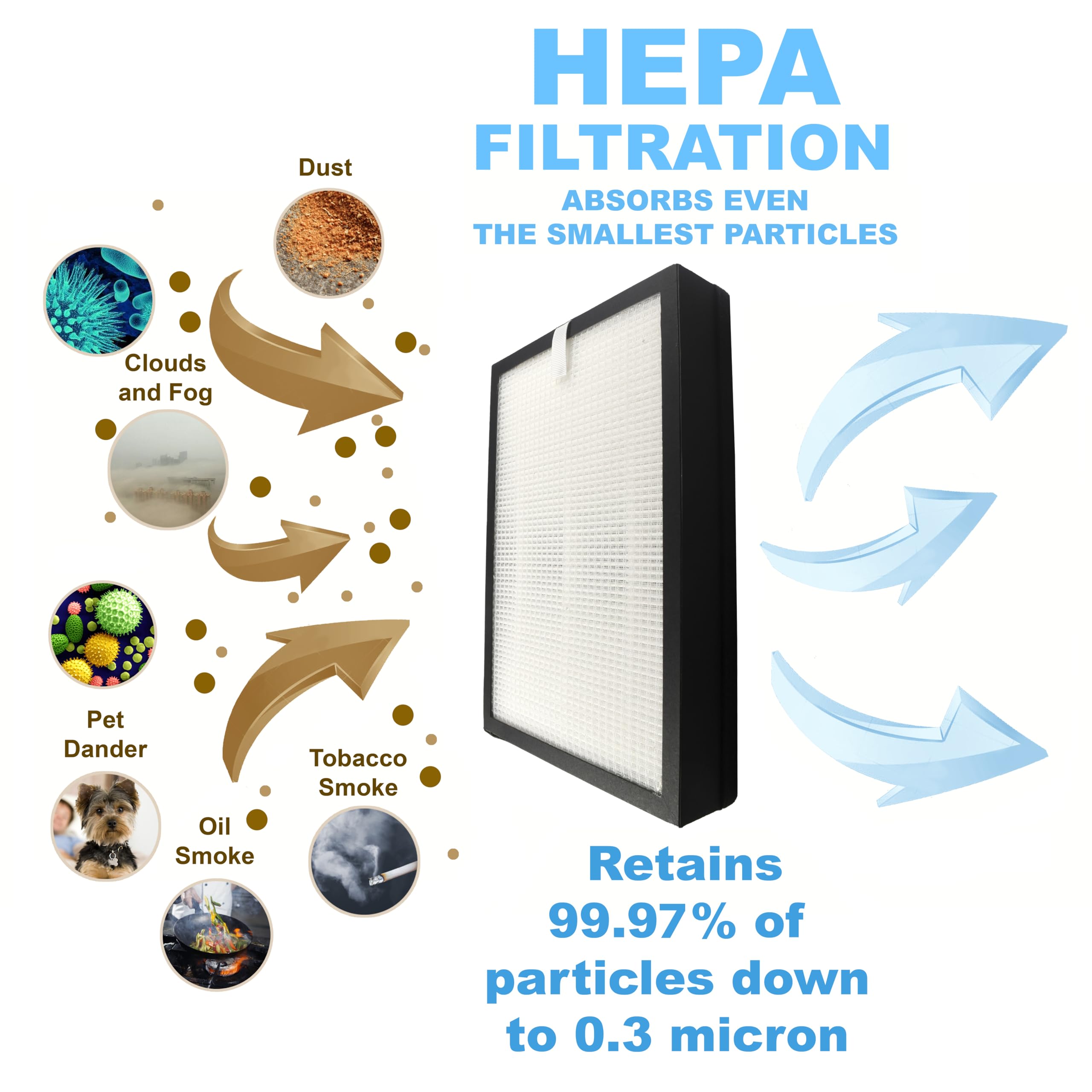 HEPA FILTRATION  
ABSORBS EVEN THE SMALLEST PARTICLES  

- Clouds and Fog  
- Dust  
- Pet Dander  
- Oil Smoke  
- Tobacco Smoke  

Retains 99.97% of particles down to 0.3 micron