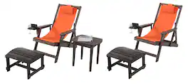 Jiallo - Romantic Collection Canvas Sling Chair with Cup and Wine Holder and Ottoman (Set of 5) - Dark Brown Color with Orange Fabric