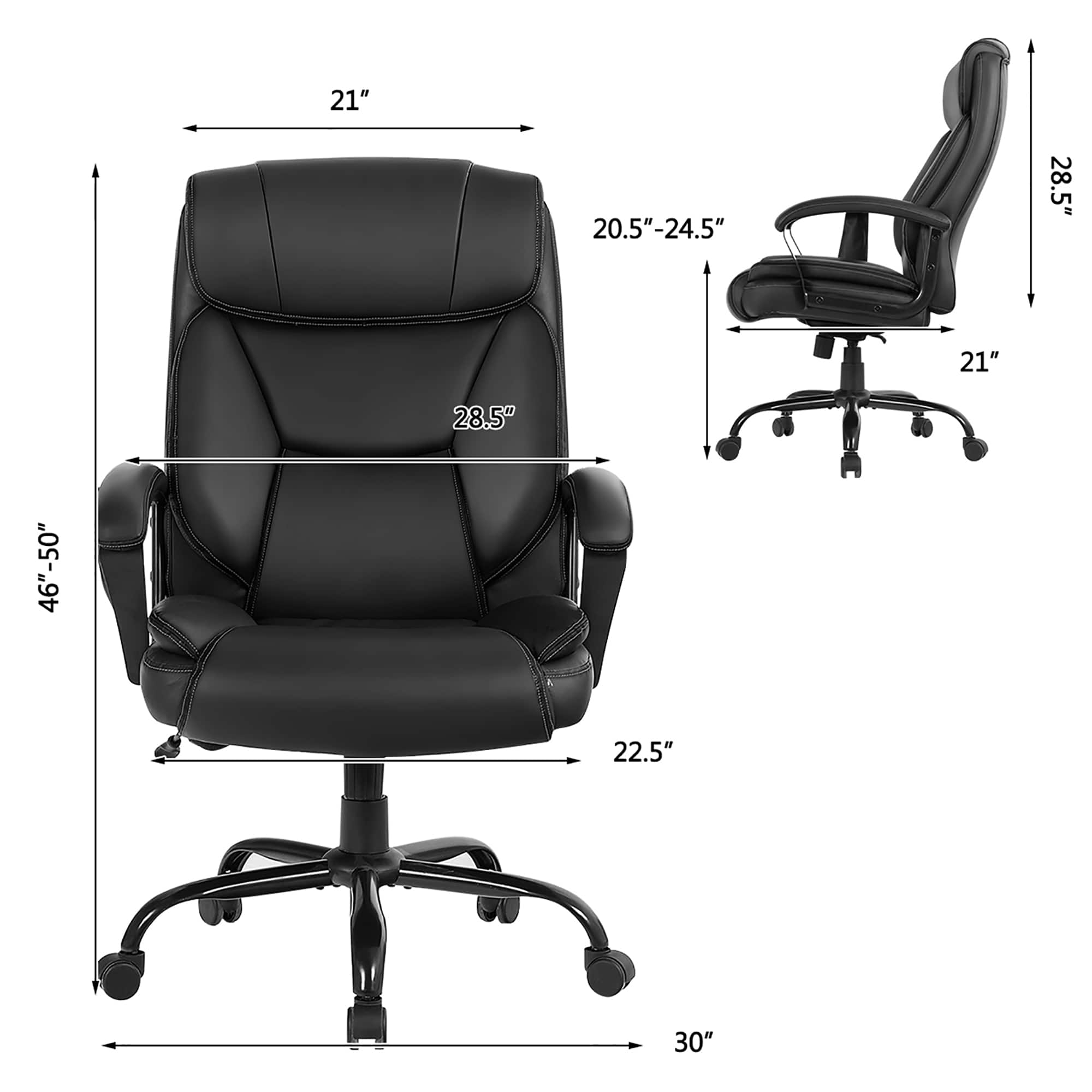 The image shows a black office chair with a black frame and black leather upholstery. The chair has a height of 21 inches, and the seat is 20.5-24.5 inches wide. The chair is designed to be 28.5 inches deep, and the backrest is 21 inches high. The armrests are 28.5 inches long, and the chair is suitable for use with a desk that is 46-50 inches wide. The chair is also accompanied by a smaller chair, which is 22.5 inches high and 30 inches wide.