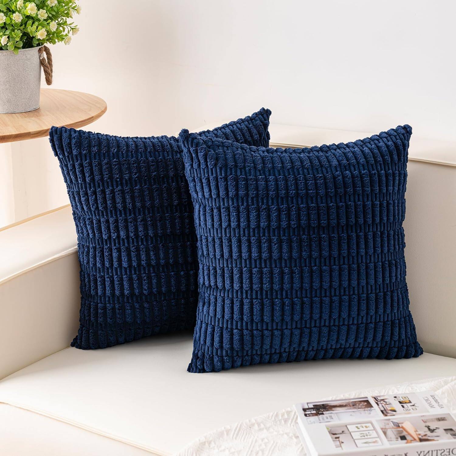 FINEAK - Pack of 2 Corduroy Decorative Throw Pillow Covers 18x18 Inch - Blue
