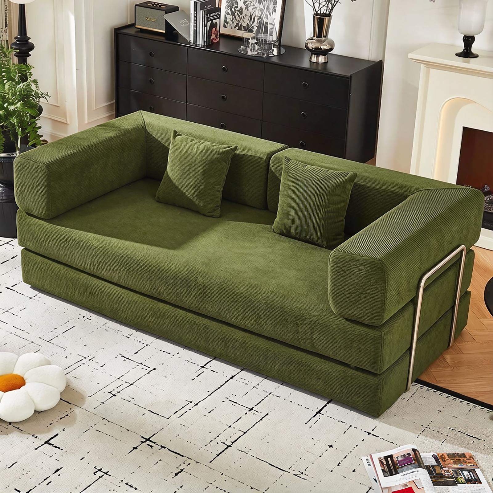 Left. Roomtec - Convertible Corduroy Sleeper Sofa Bed with Cylindrical Pillow Folding Mattress Couch with Stable FixedShape Frame - Green.