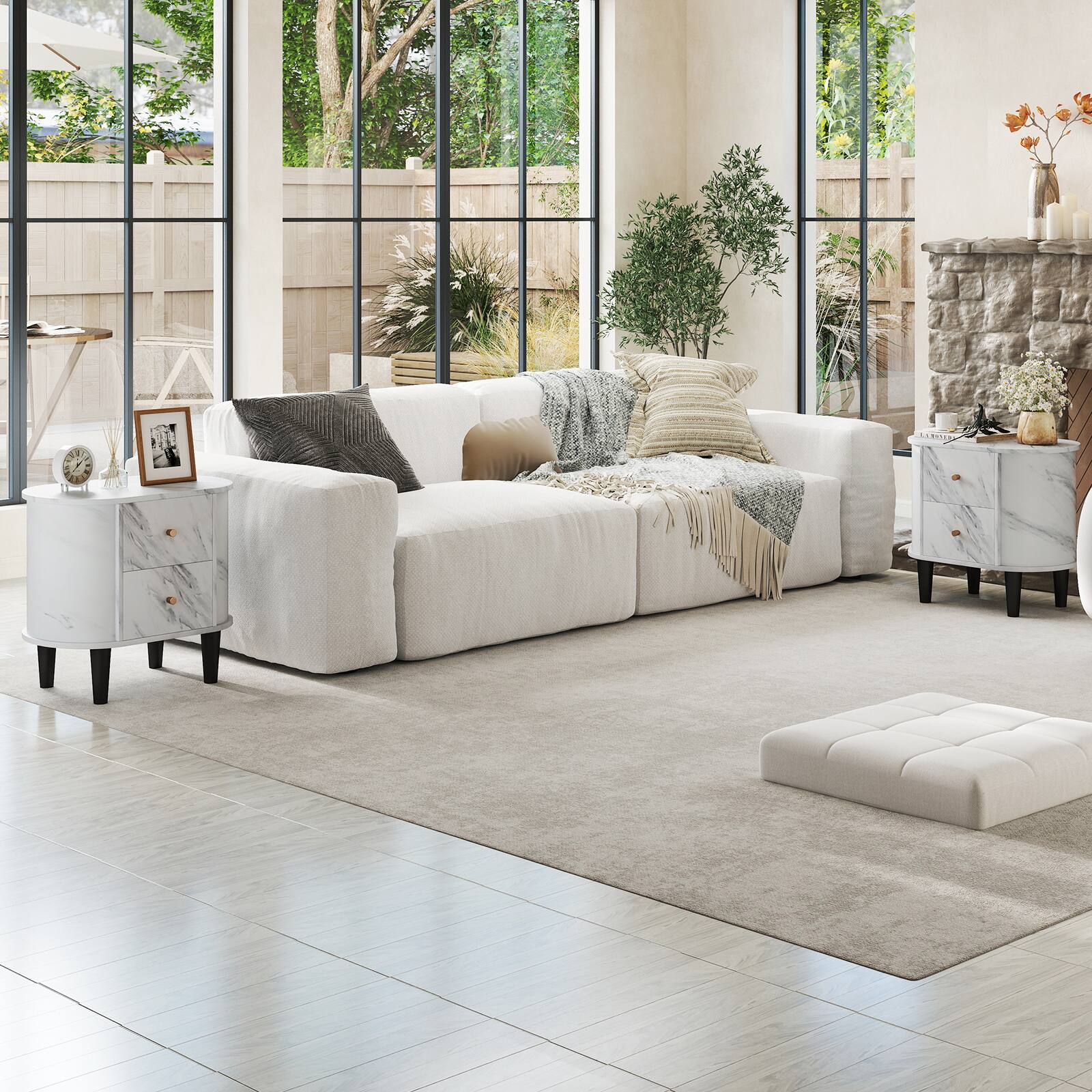 Alt View 3. Gymax - Gymax 2PCS Nightstand w/ 2 Drawers Faux Marble Bedside Table for Small Space - White.