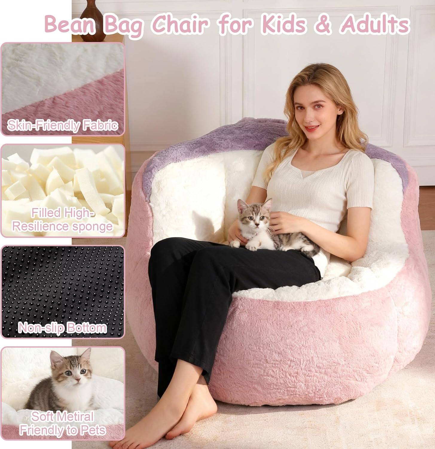 Bean Bag Chair for Kids & Adults

- Skin-Friendly Fabric
- Filled High-Resilience Sponge
- Non-slip Bottom
- Soft Material Friendly to Pets