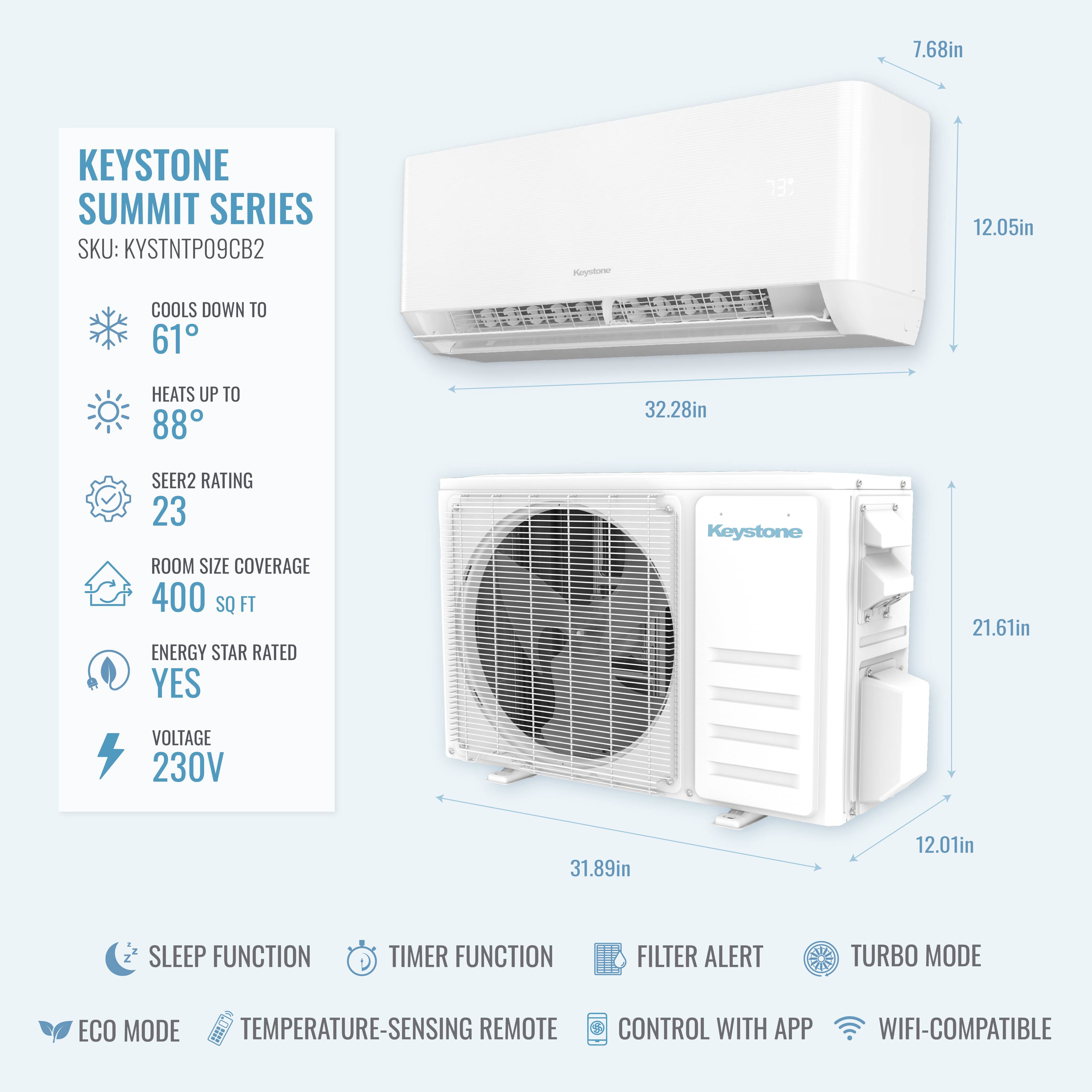 7.68in KEYSTONE SUMMIT SERIES SKU: KYSTNTP09CB2 Kayptone 131 12.05in COOLS DOWN TO 61 HEATS UP TO 88 32.28in SEER2 RATING 23 ROOM SIZE COVERAGE 400 SQ FT ENERGY STAR RATED YES Keystone 2 21.61in VOLTAGE 230V 31.89in 12.01in SLEEP FUNCTION TIMER FUNCTION FILTER ALERT TURBO MODE ECO MODE TEMPERATURE-SENSING REMOTE CONTROL WITH APP WIFI-COMPATIBLE