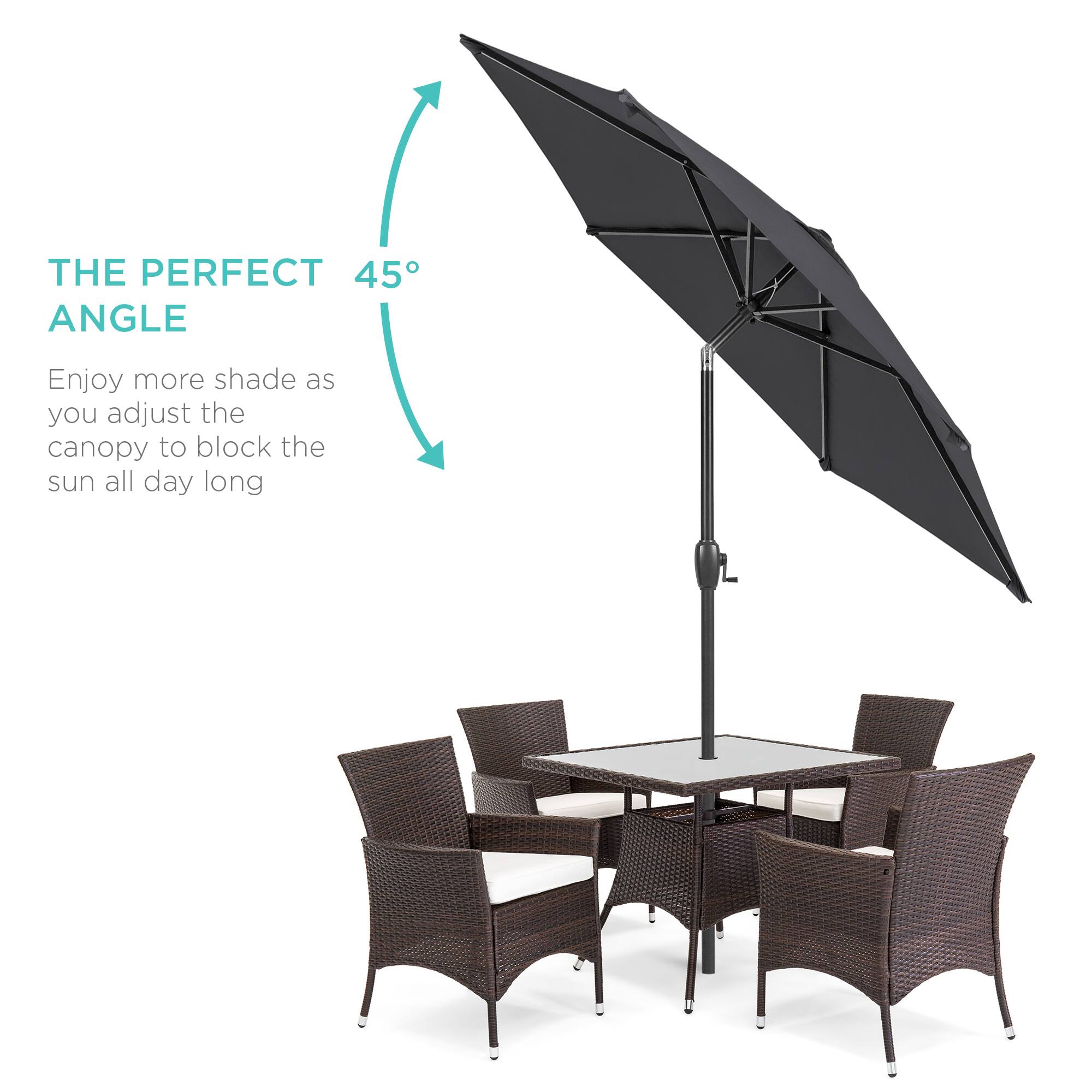 THE PERFECT 45° ANGLE

Enjoy more shade as you adjust the canopy to block the sun all day long