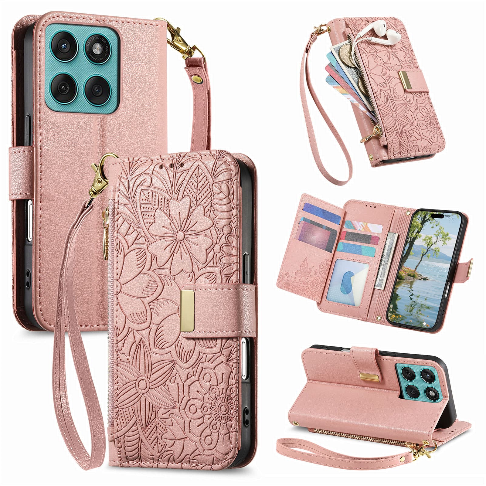UUCOVER - Floral PU Leather Wallet Case for Motorola Moto Edge (2025) with Zipper Pocket, Cash Card Slot, Shoulder & Wrist Strap - Rosegold price history on PriceWatchPro