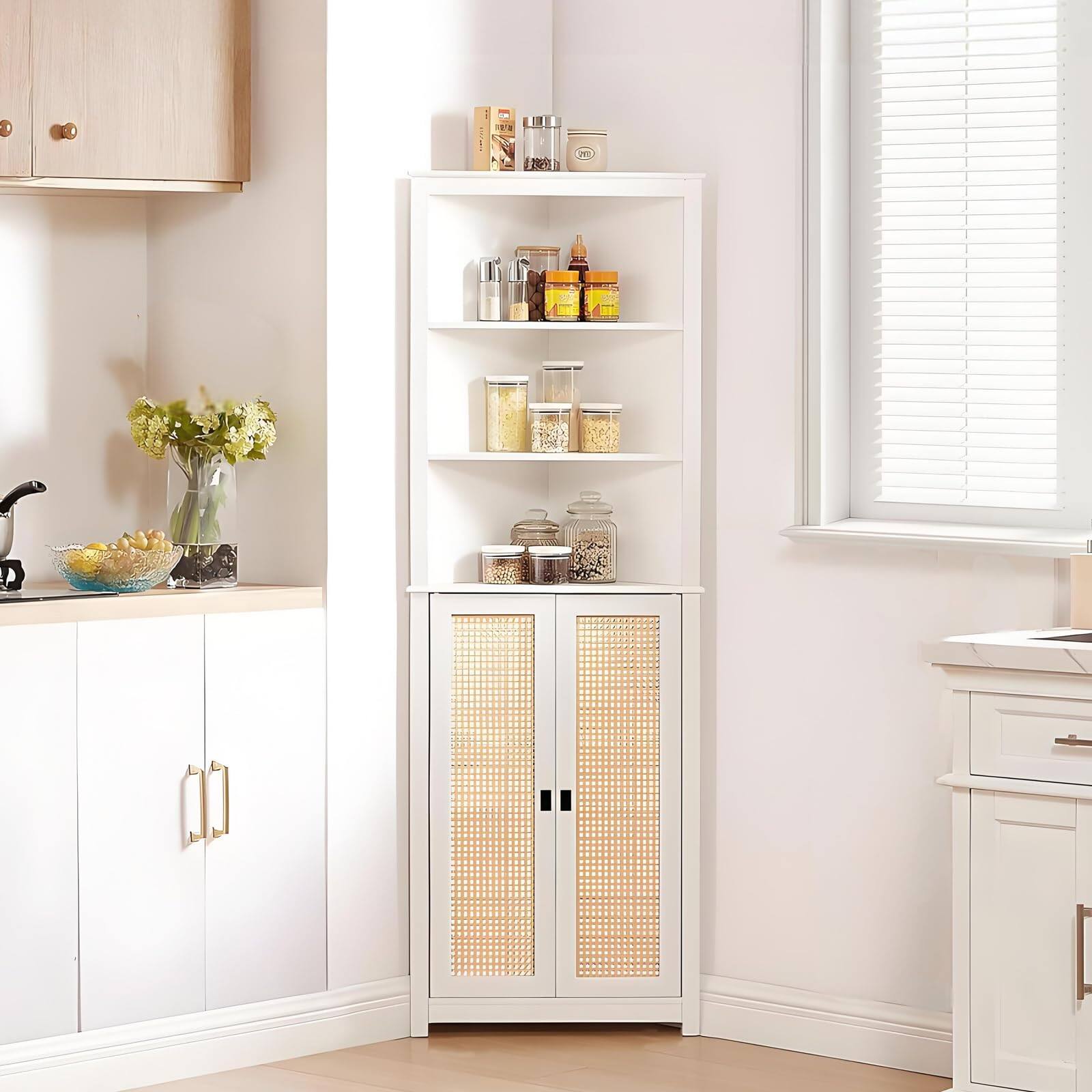 Jojoka - 63.8" Corner Cabinet with Adjustable Shelves, Rattan Doors, Space-Saving Storage for Living Room - White