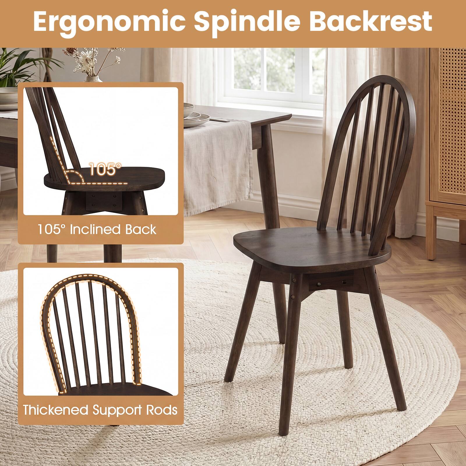 Ergonomic Spindle Backrest

105° Inclined Back

Thickened Support Rods