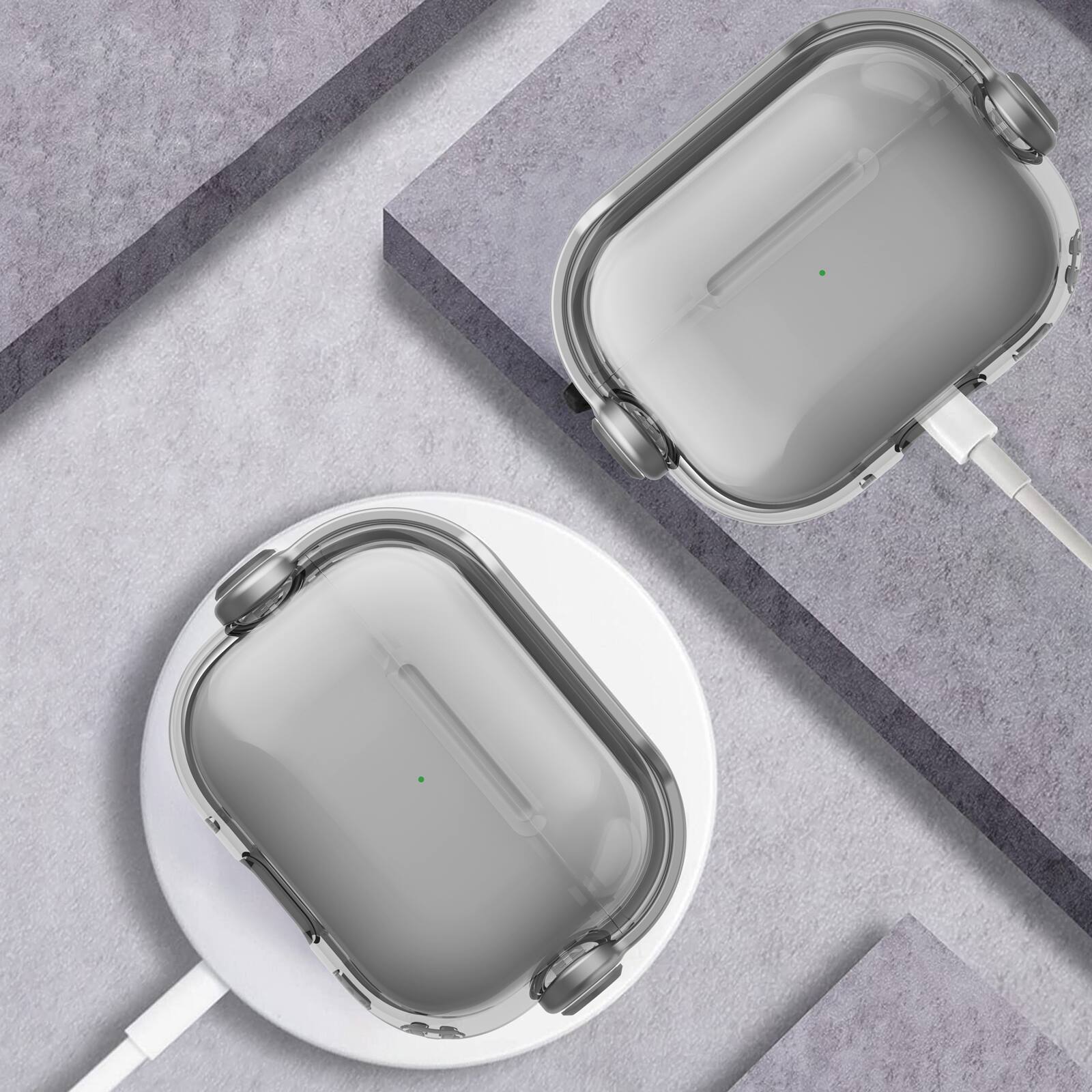 Angle. Dteck - For Apple Airpods 4th/5th Gen Slim Fit Clear Kickstand Shockproof Drop Protection Case With Anti-Loss Ring - Gray.