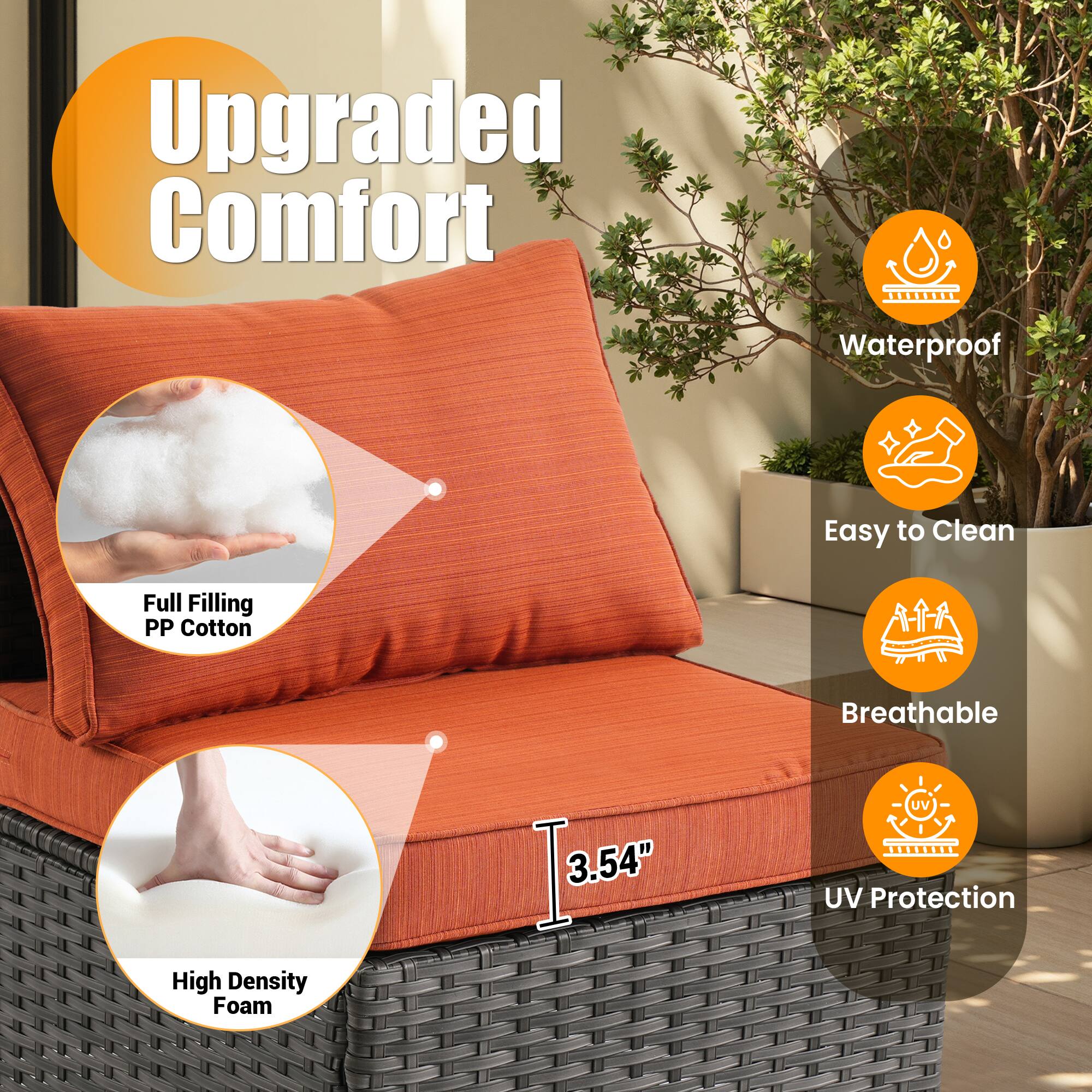 Upgraded Comfort

- Waterproof
- Easy to Clean
- Breathable
- UV Protection
- Full Filling PP Cotton
- High Density Foam
- 3.54"