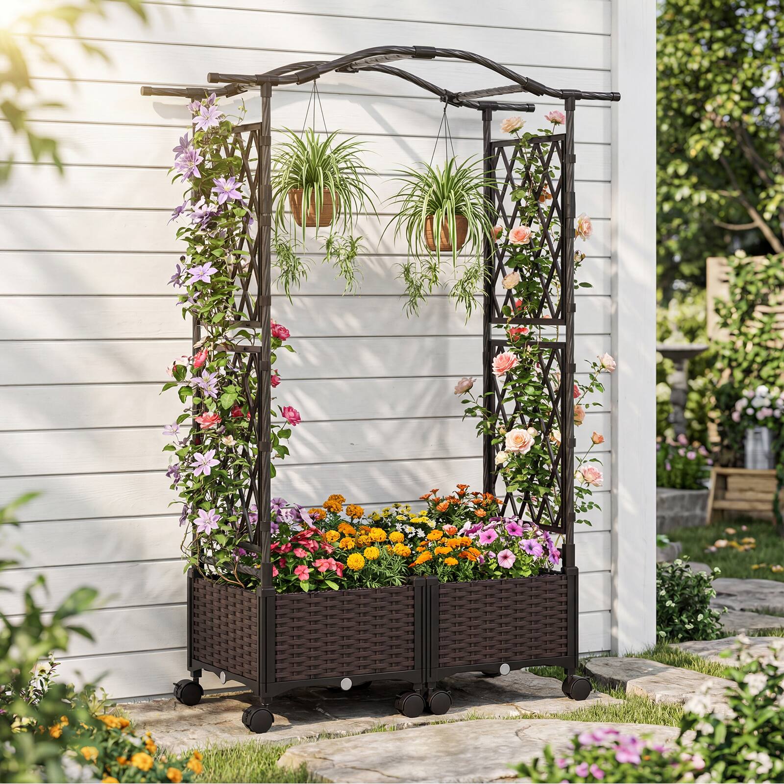 Alt View 1. Gymax - Gymax 5 FT Self-Watering Planter Boxes w/ Lattice Trellis & Roof Lockable Wheels - Brown.