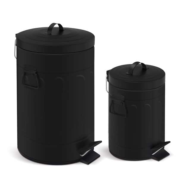 Front. Innovaze - 3.2 Gal./12 Liter and 0.8 Gal./3 Liter Old Time Style Round Black Color Metal Step-on Trash Can Set - Black.