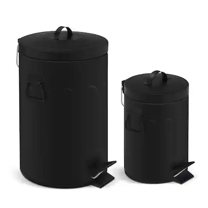 Front. Innovaze - 3.2 Gal./12 Liter and 0.8 Gal./3 Liter Old Time Style Round Black Color Metal Step-on Trash Can Set - Black.