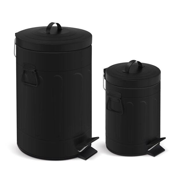 Front. Innovaze - 3.2 Gal./12 Liter and 0.8 Gal./3 Liter Old Time Style Round Black Color Metal Step-on Trash Can Set - Black.